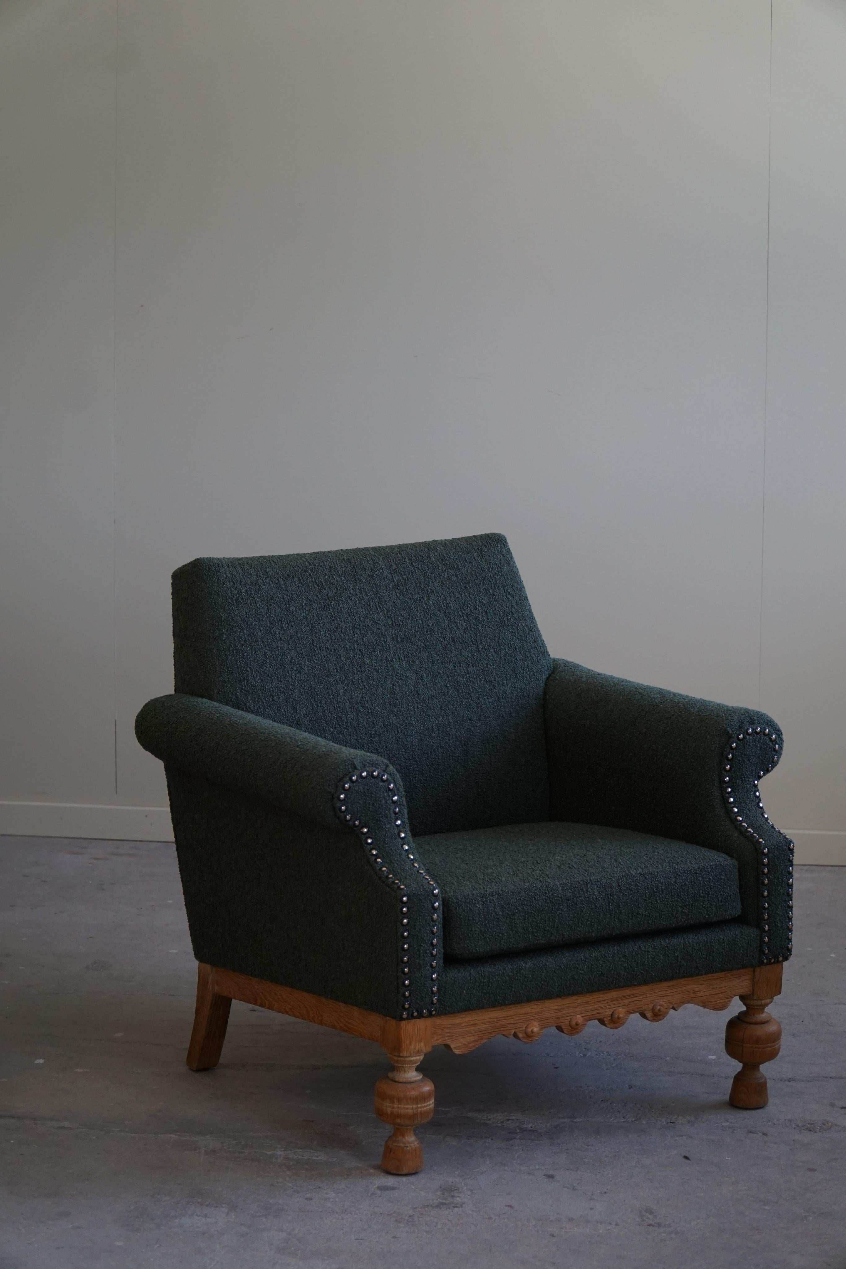 Pair of Lounge Chairs in Oak & Green Bouclé, Danish Mid-Century Modern, 1950s 5