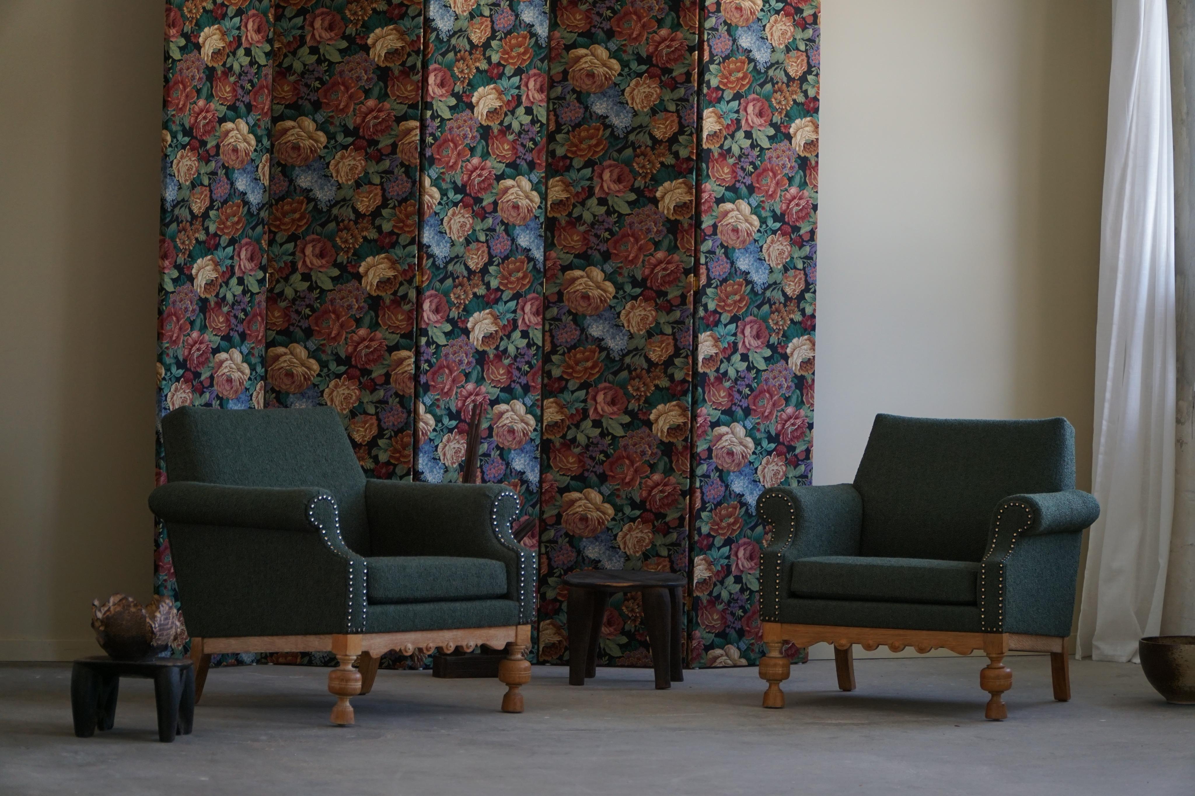 Pair of Lounge Chairs in Oak & Green Bouclé, Danish Mid-Century Modern, 1950s 7