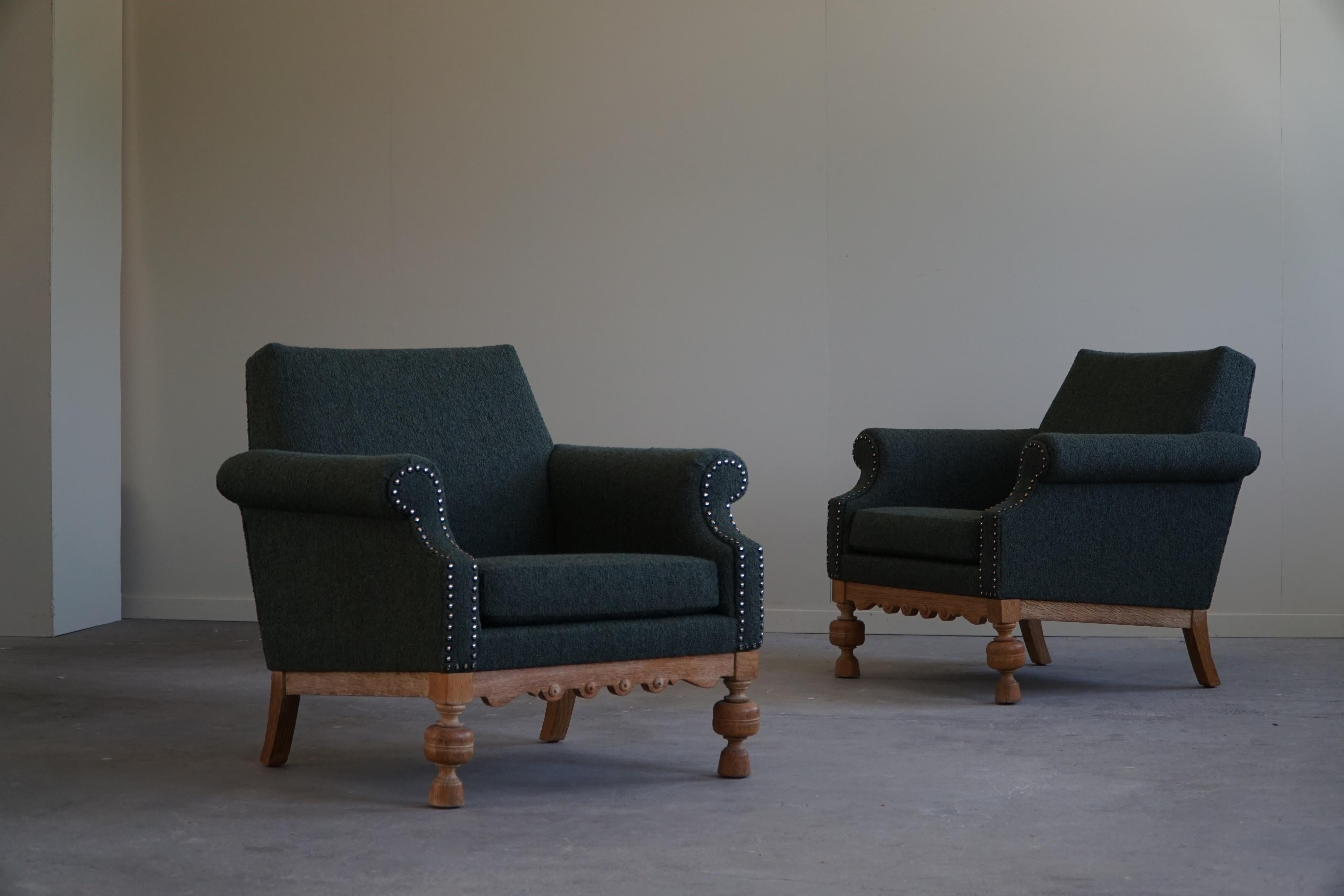 Pair of Lounge Chairs in Oak & Green Bouclé, Danish Mid-Century Modern, 1950s 9