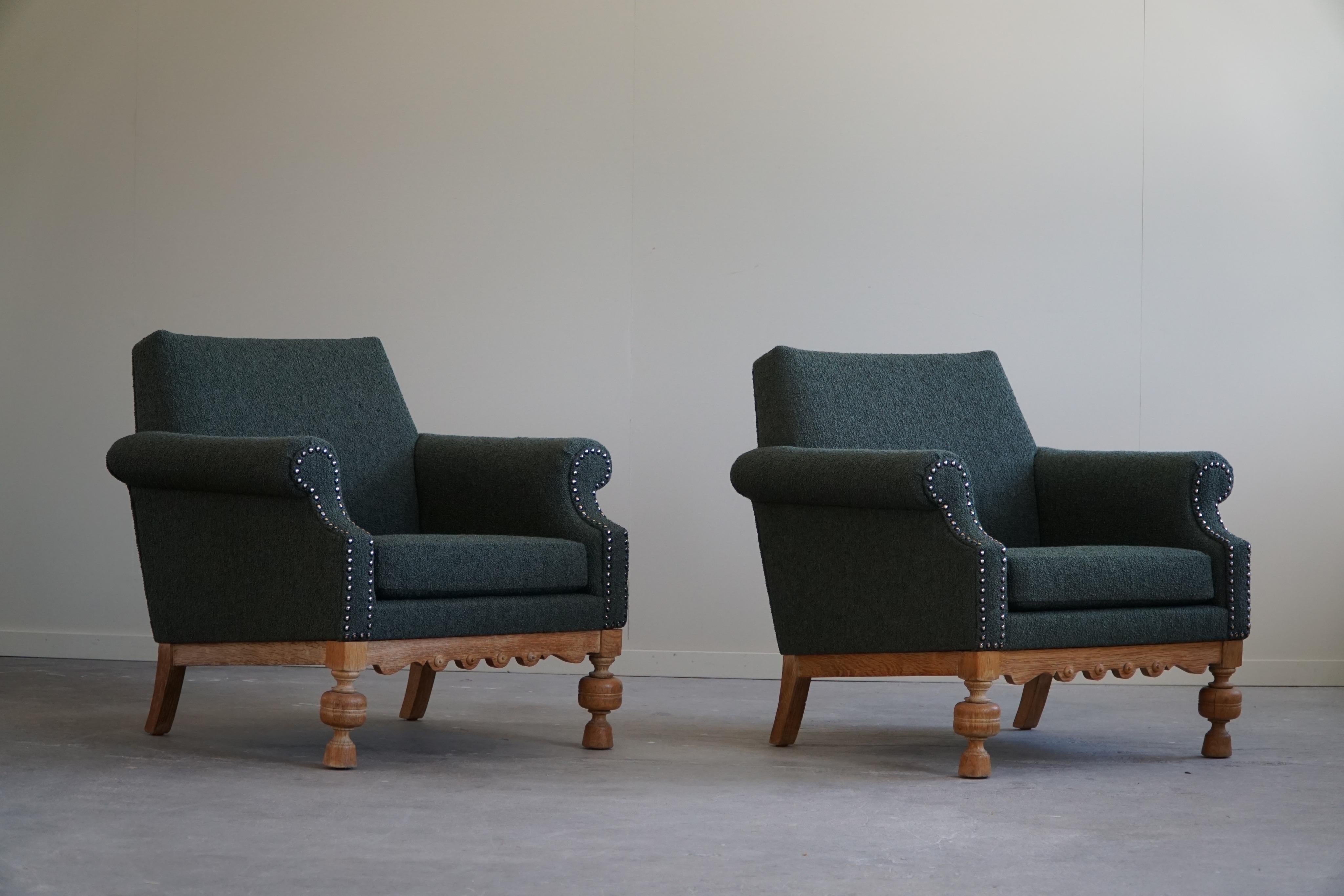 Pair of Lounge Chairs in Oak & Green Bouclé, Danish Mid-Century Modern, 1950s 10