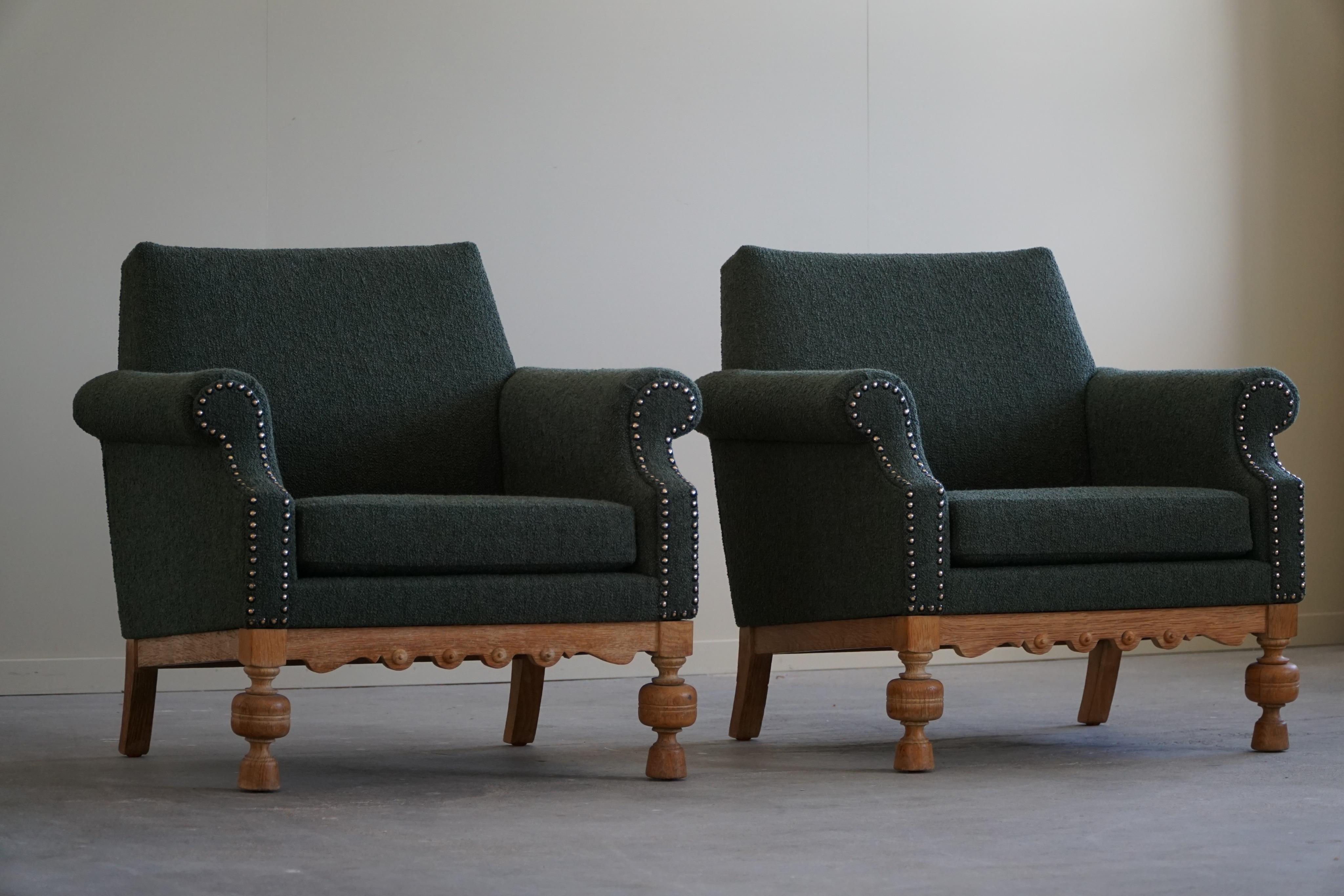 Pair of Lounge Chairs in Oak & Green Bouclé, Danish Mid-Century Modern, 1950s 11
