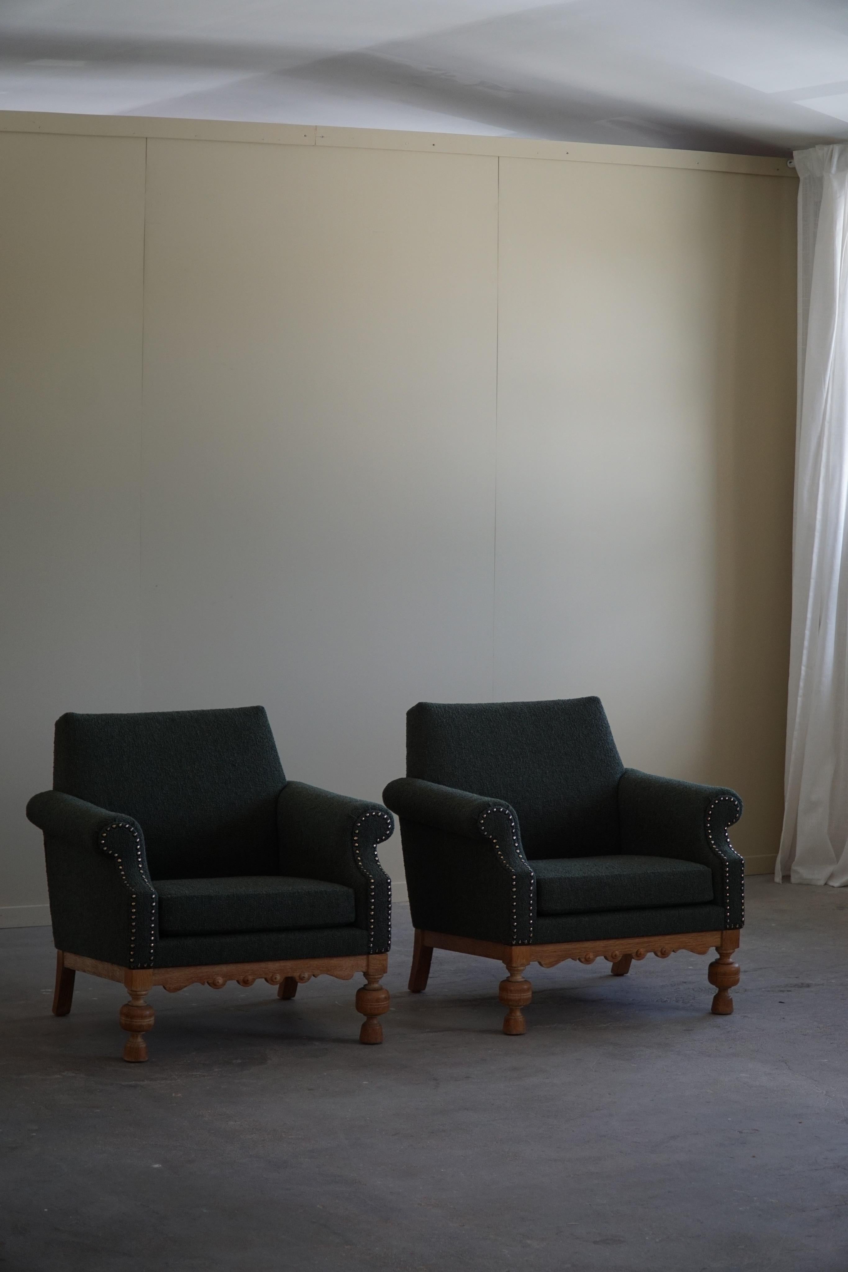Pair of Lounge Chairs in Oak & Green Bouclé, Danish Mid-Century Modern, 1950s 12