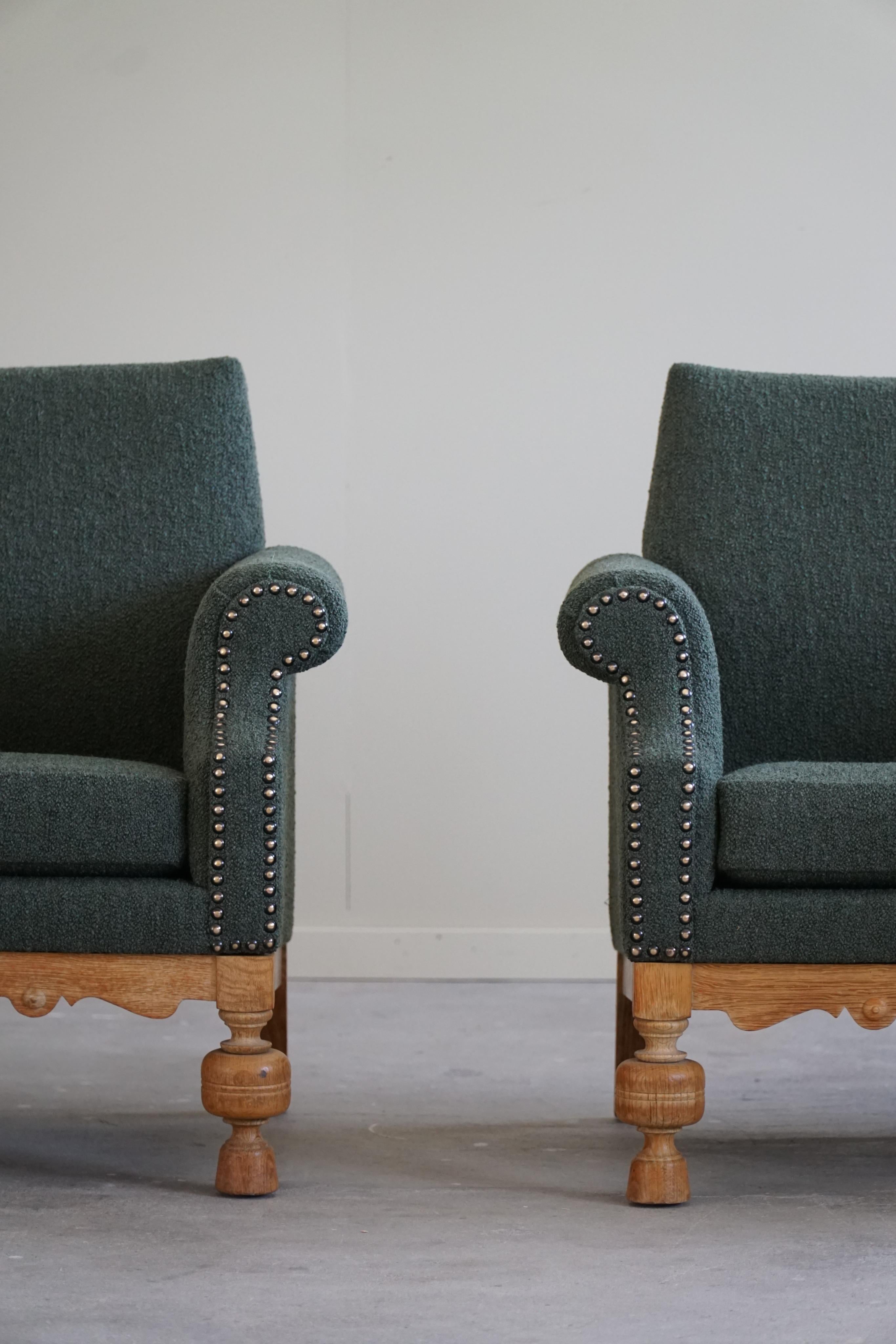 Pair of Lounge Chairs in Oak & Green Bouclé, Danish Mid-Century Modern, 1950s 13