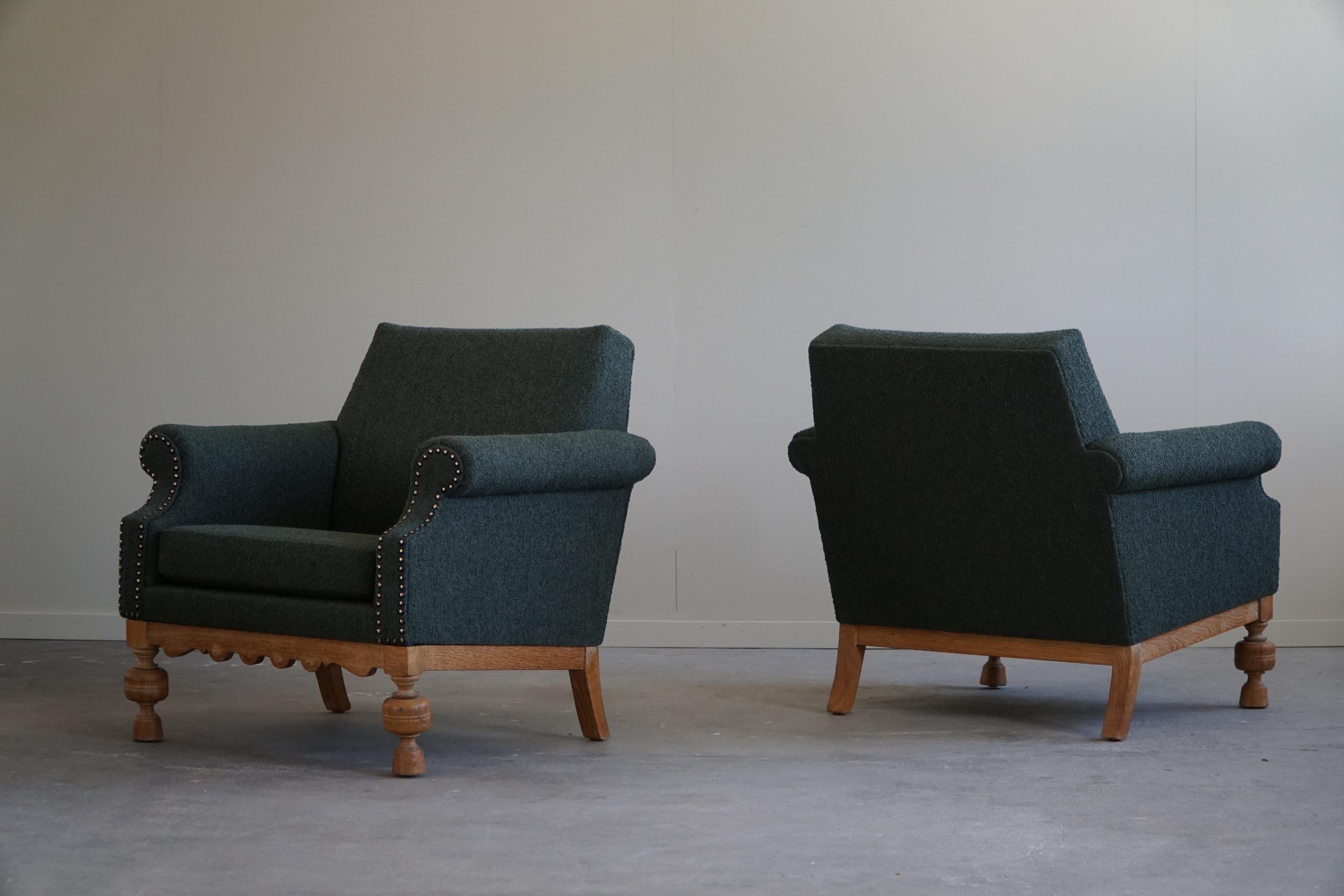 20th Century Pair of Lounge Chairs in Oak & Green Bouclé, Danish Mid-Century Modern, 1950s