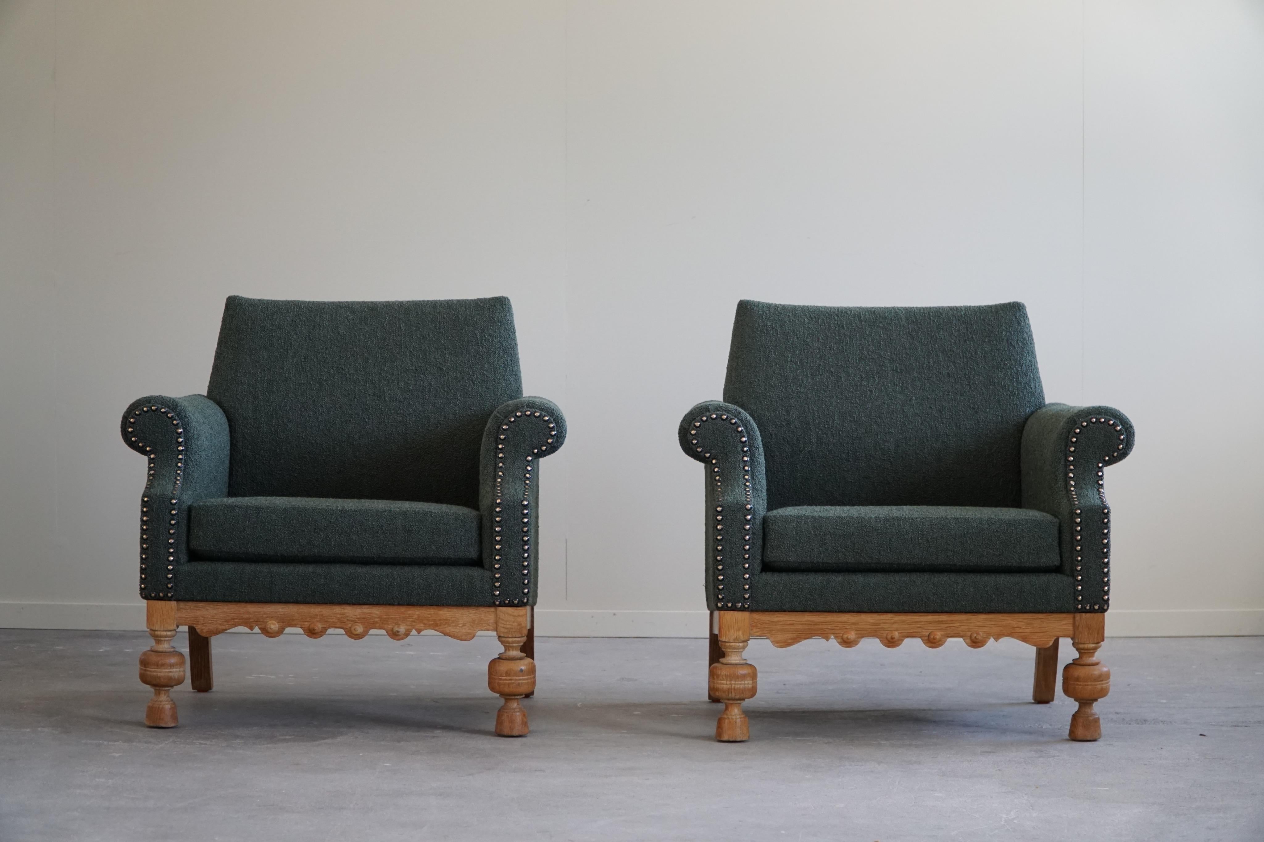 Pair of Lounge Chairs in Oak & Green Bouclé, Danish Mid-Century Modern, 1950s 2