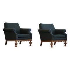 Pair of Lounge Chairs in Oak & Green Bouclé, Danish Mid-Century Modern, 1950s