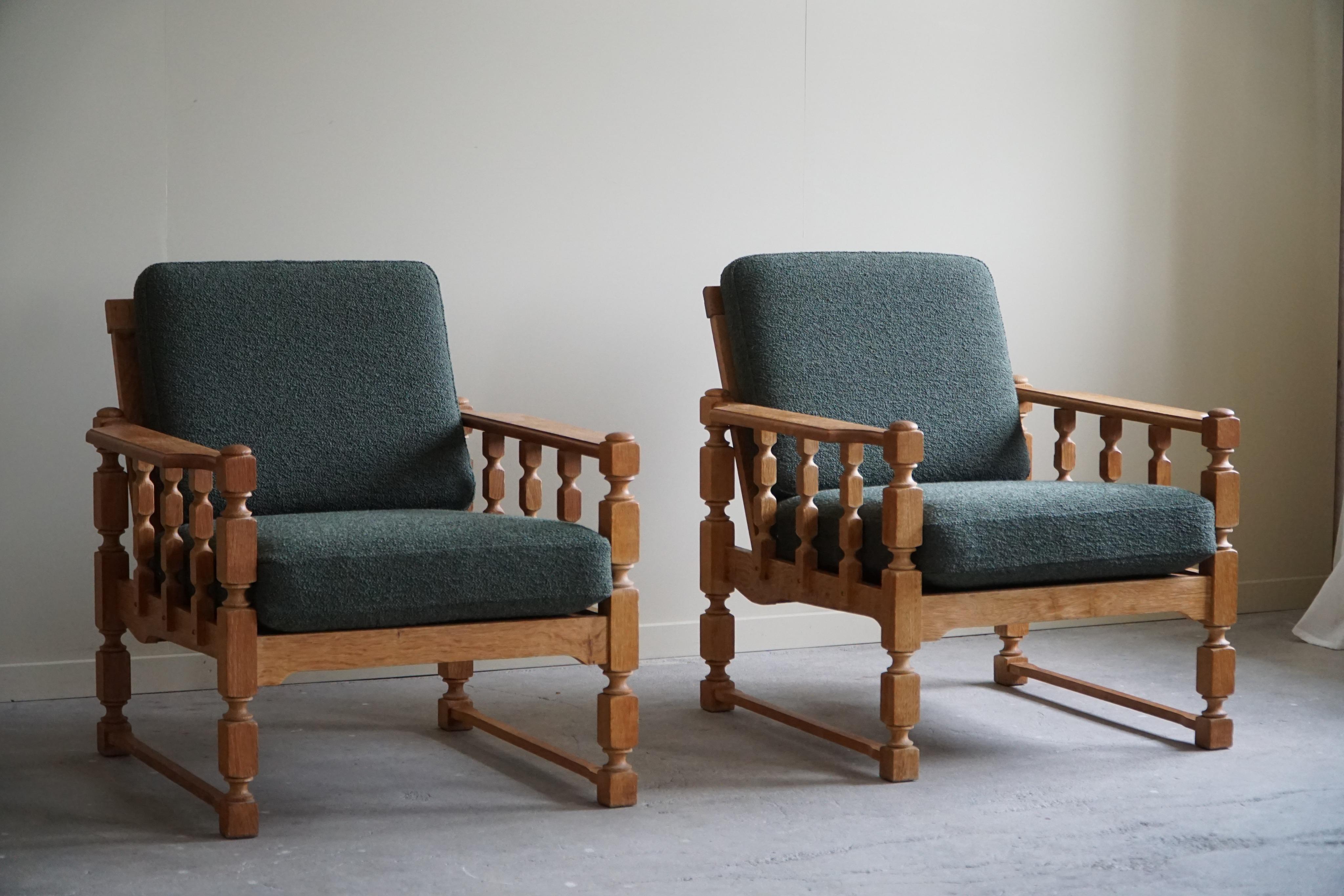 Pair of Lounge Chairs in Oak & Green Bouclé, Henning Kjærnulf style, 1960s For Sale 4