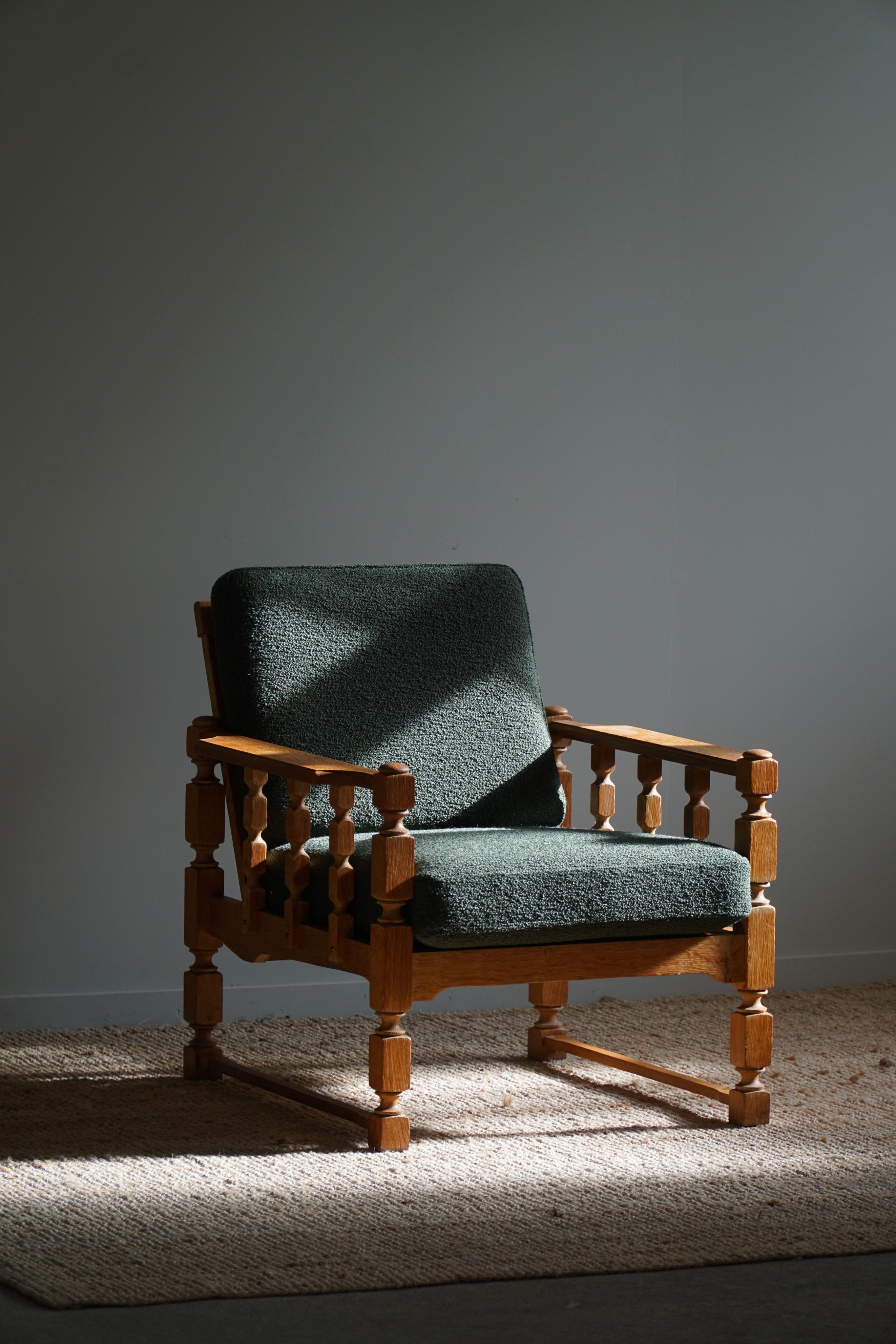 Danish Pair of Lounge Chairs in Oak & Green Bouclé, Henning Kjærnulf style, 1960s For Sale