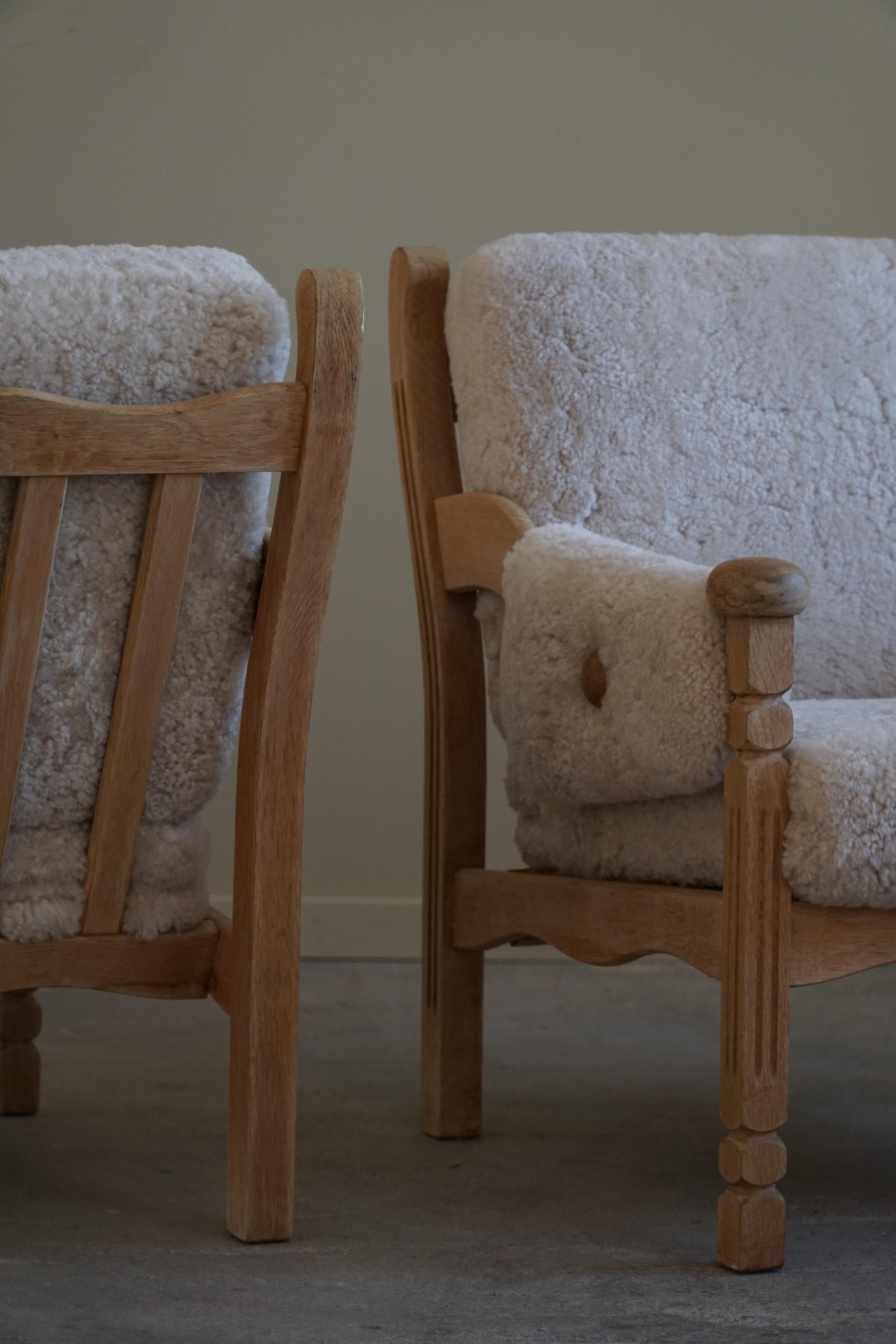 Pair of Lounge Chairs in Oak & Lambswool, Danish Modern, Henning Kjærnulf, 1960 4