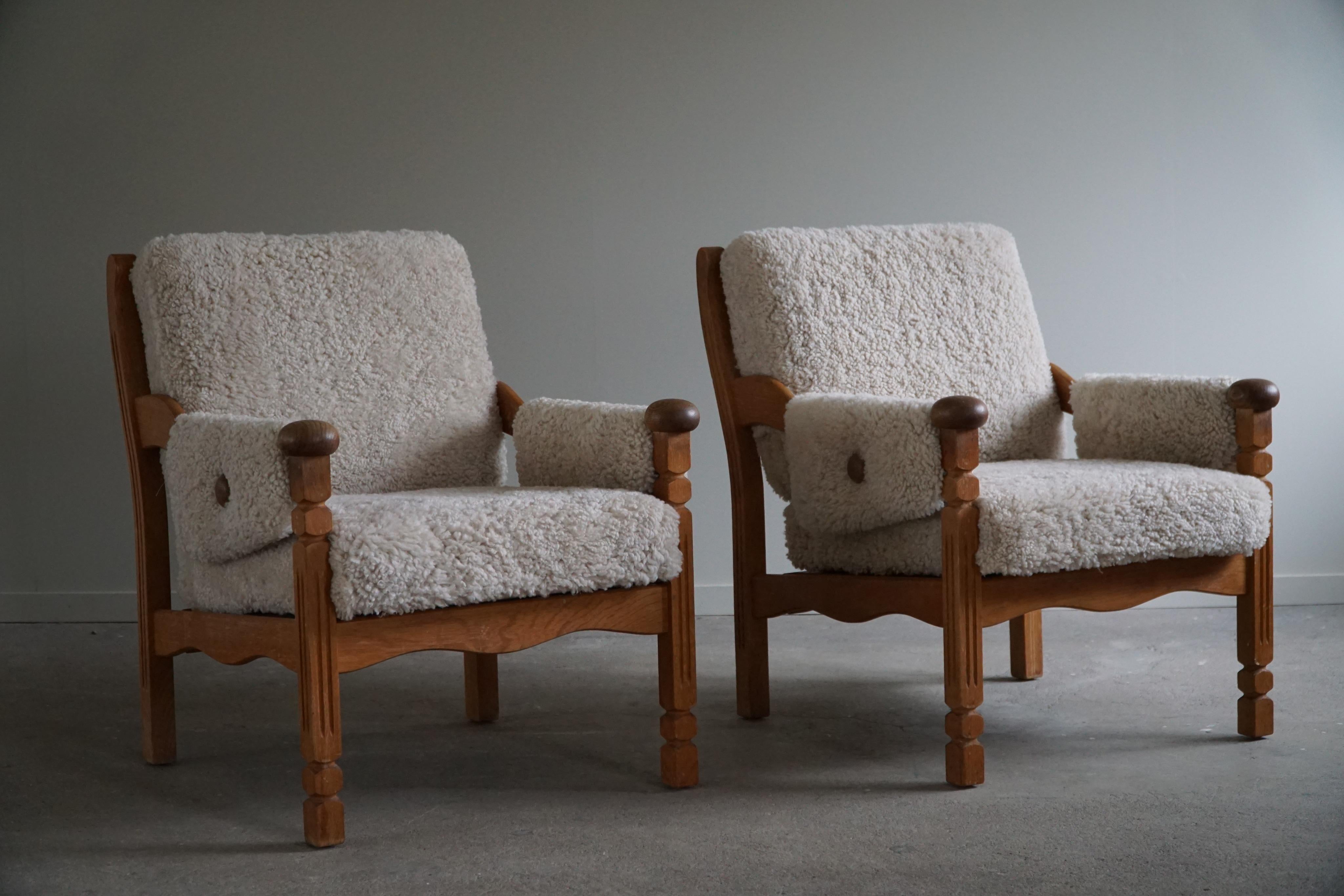 Pair of Lounge Chairs in Oak & Lambswool, Danish Modern, Henning Kjærnulf, 1960s 4