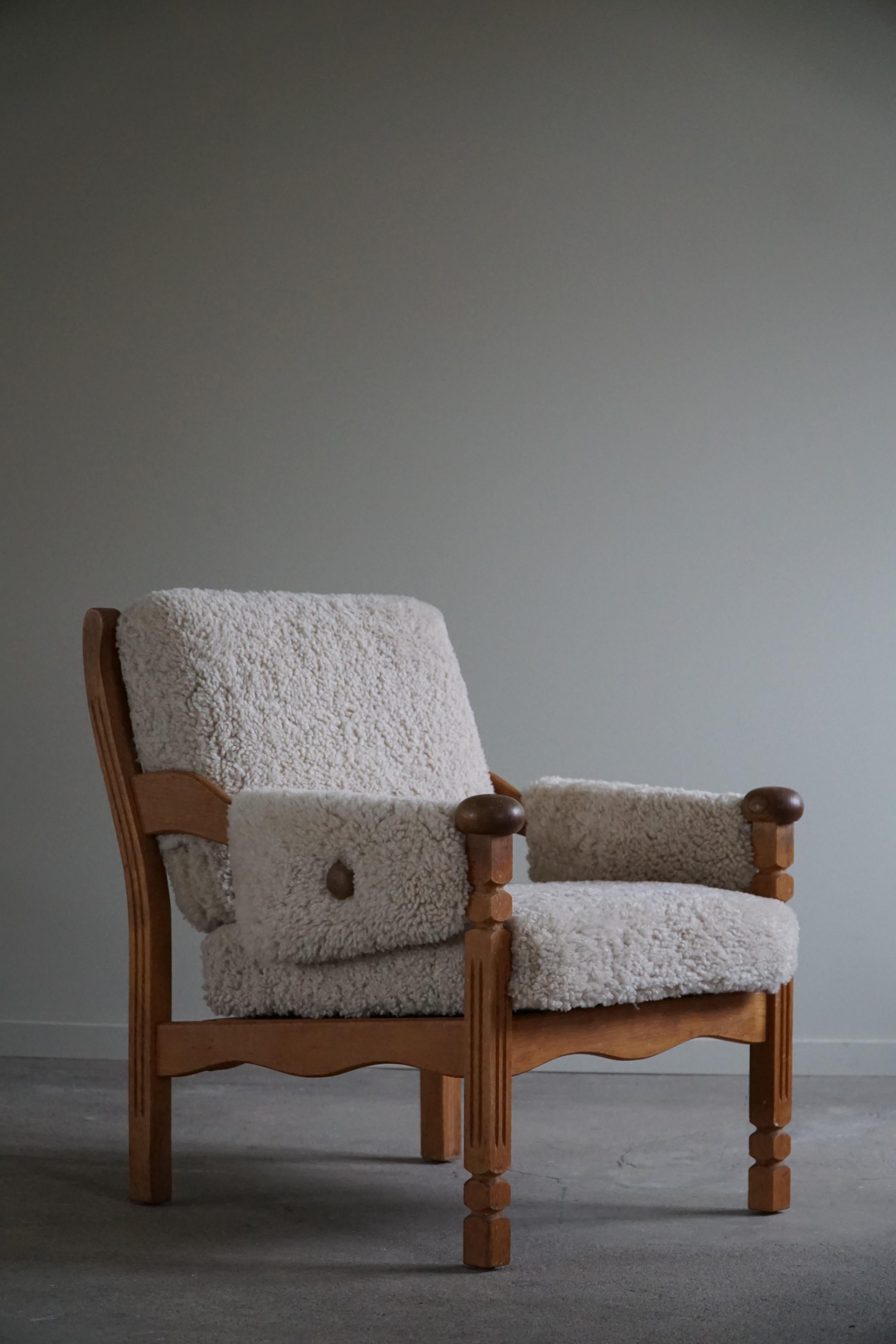 Pair of Lounge Chairs in Oak & Lambswool, Danish Modern, Henning Kjærnulf, 1960s 6
