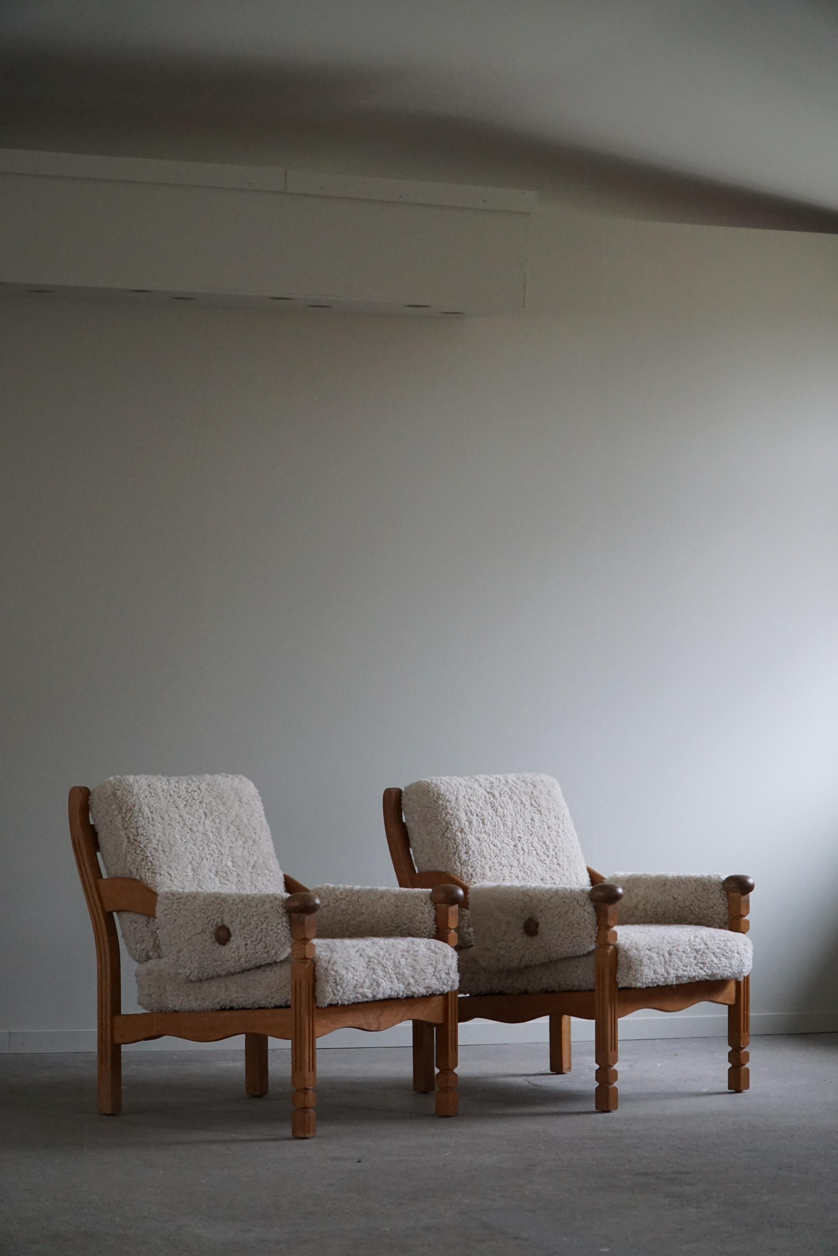 Hand-Crafted Pair of Lounge Chairs in Oak & Lambswool, Danish Modern, Henning Kjærnulf, 1960s
