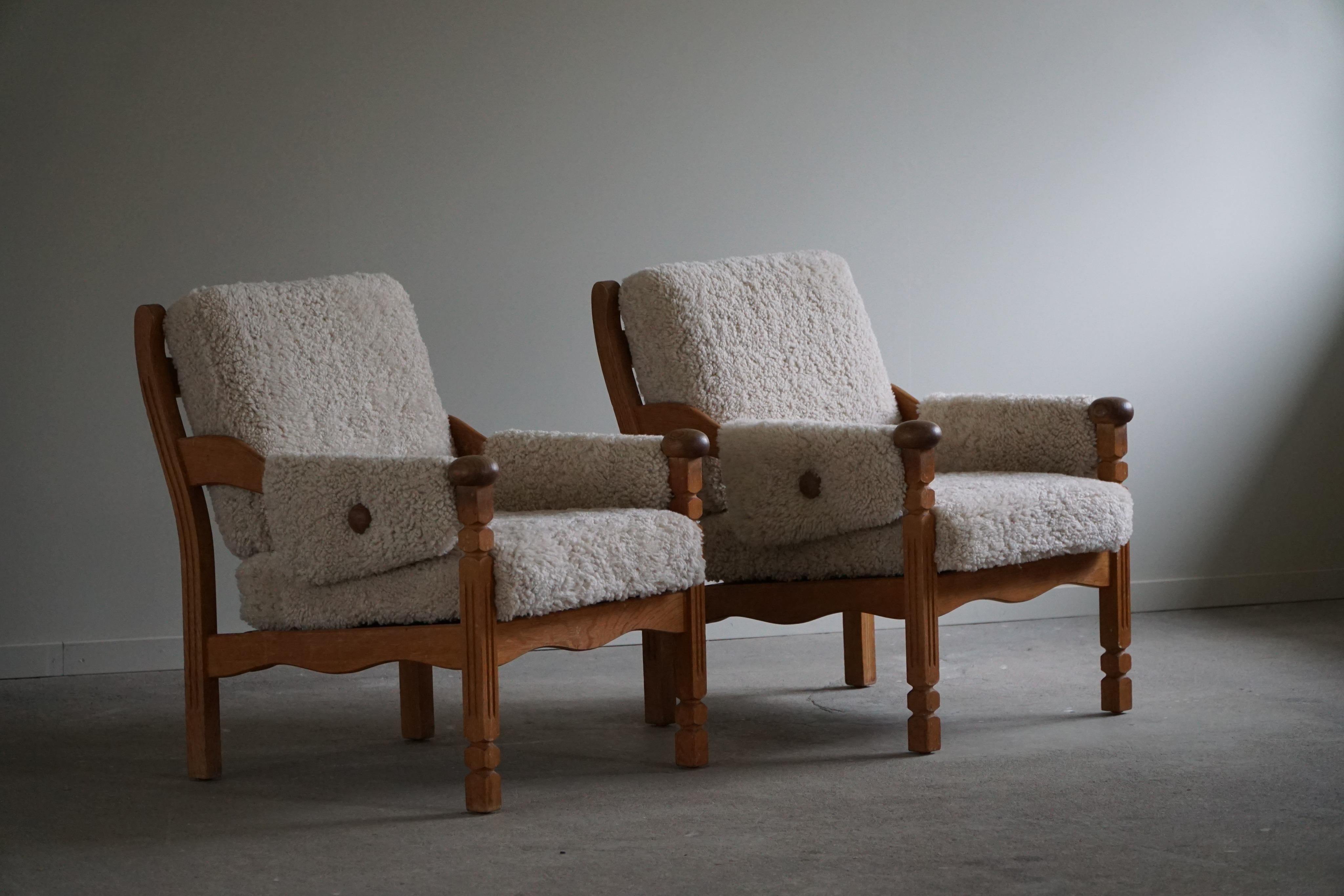 Pair of Lounge Chairs in Oak & Lambswool, Danish Modern, Henning Kjærnulf, 1960s 2