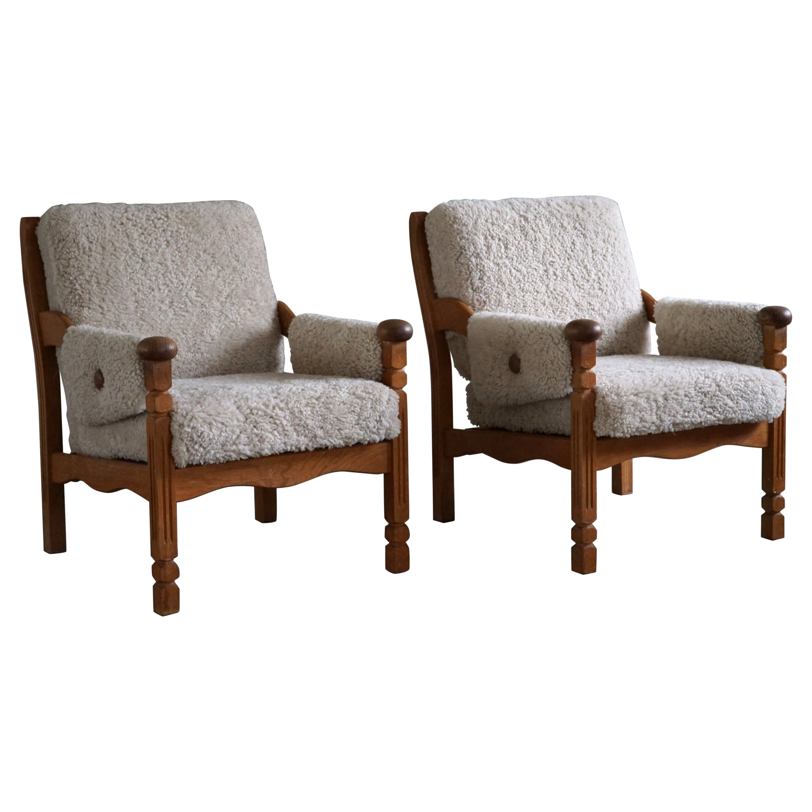 Pair of Lounge Chairs in Oak & Lambswool, Danish Modern, Henning Kjærnulf, 1960s