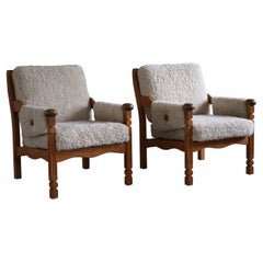 Pair of Lounge Chairs in Oak & Lambswool, Danish Modern, Henning Kjærnulf, 1960s