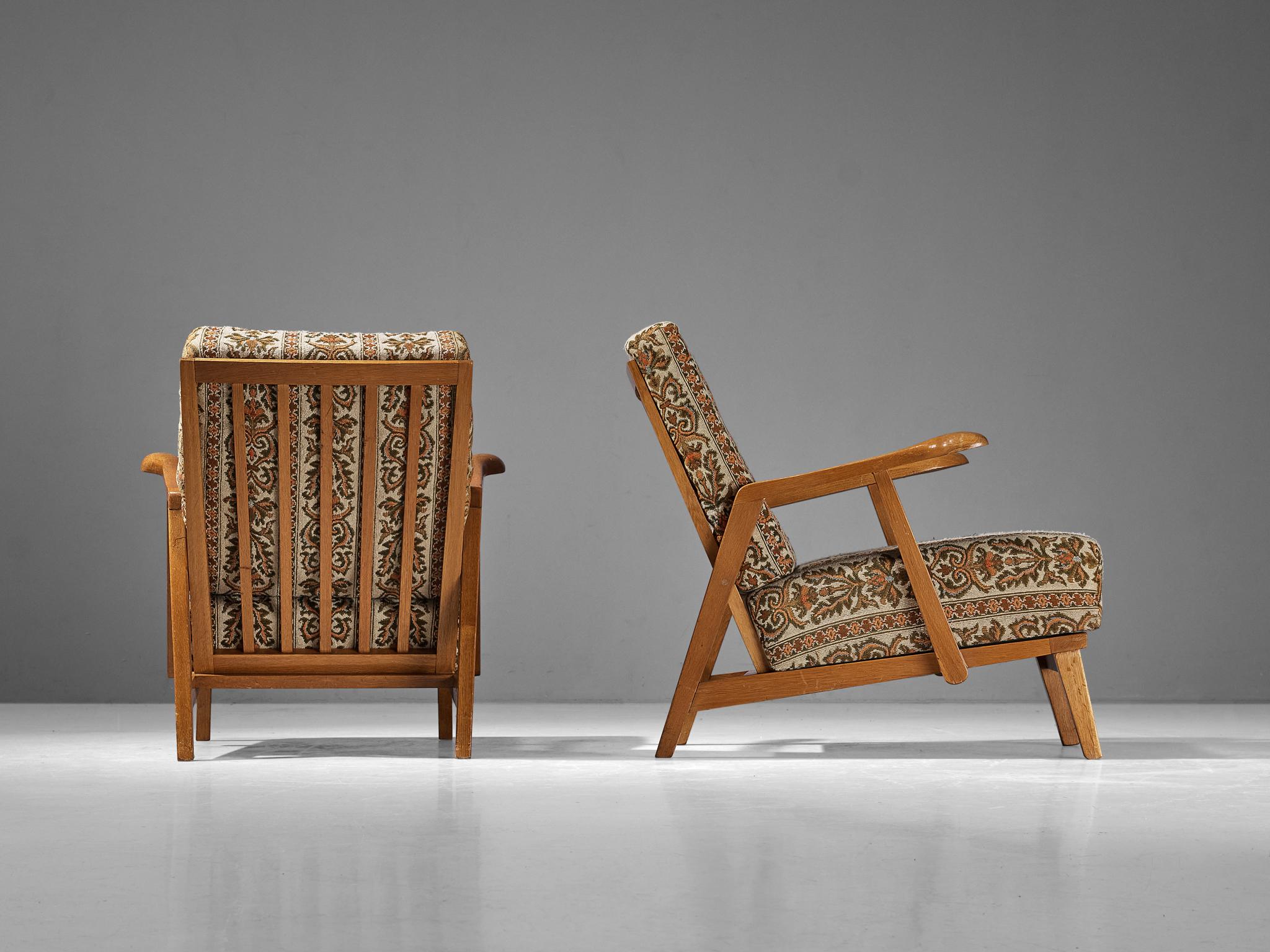 Fabric Pair of Lounge Chairs in Oak with Slatted Backs