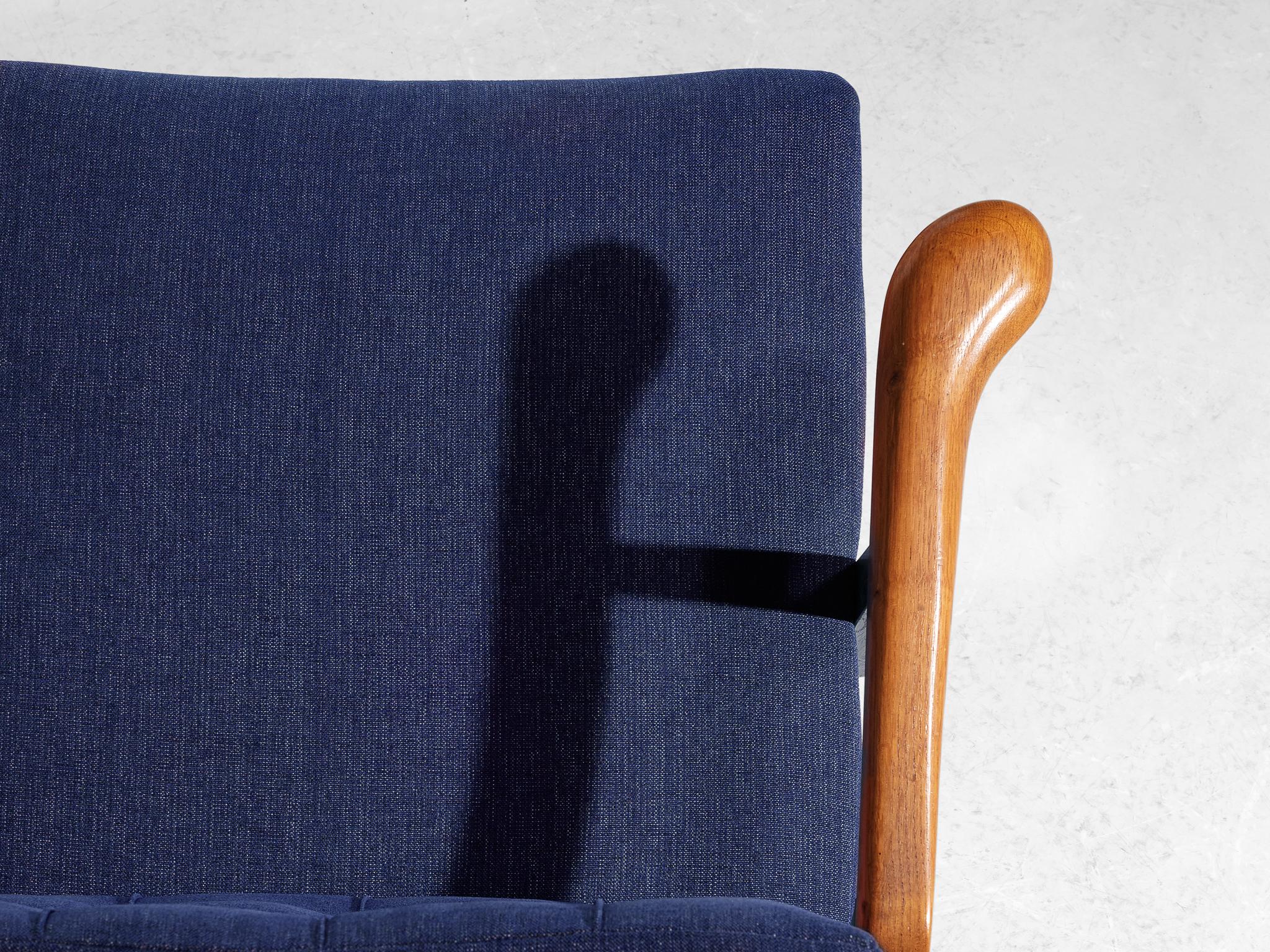 Pair of Lounge Chairs in Oak With Slatted Backs in Dark Blue Upholstery For Sale 3