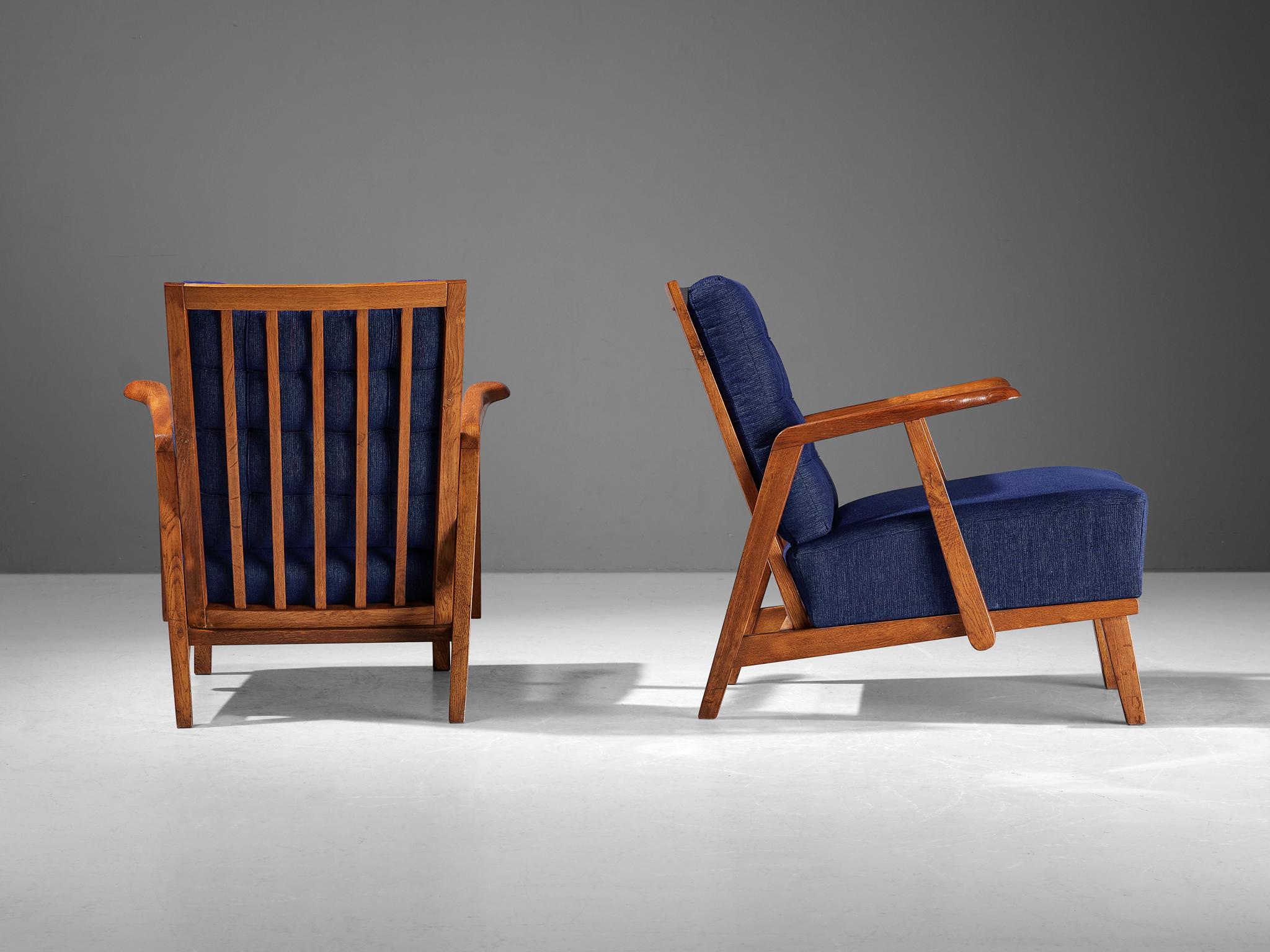 Czech Pair of Lounge Chairs in Oak With Slatted Backs in Dark Blue Upholstery  For Sale