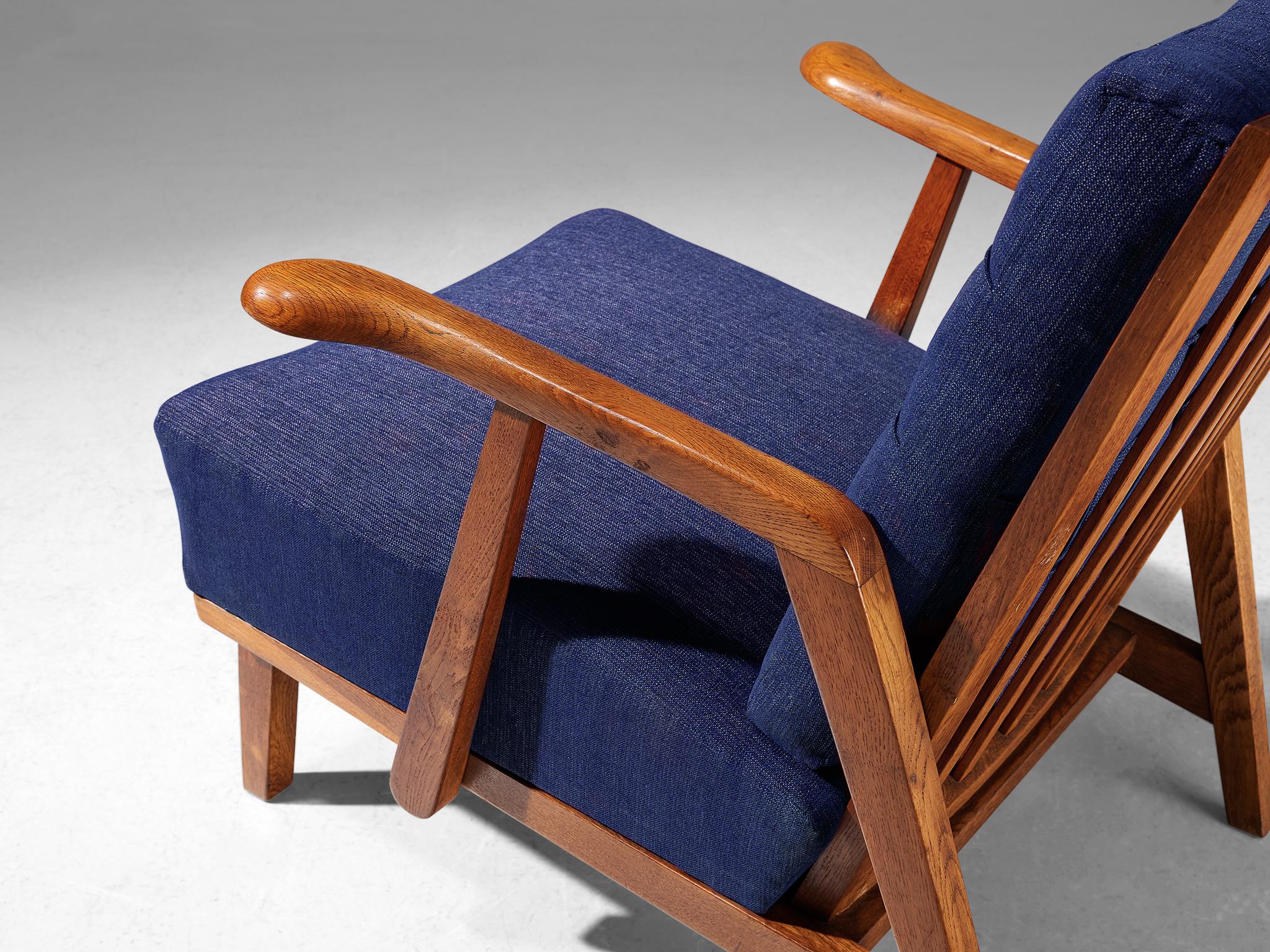 Fabric Pair of Lounge Chairs in Oak With Slatted Backs in Dark Blue Upholstery  For Sale