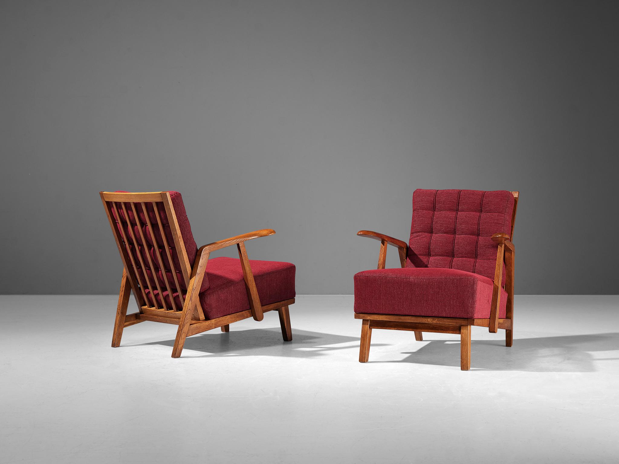 Pair of Lounge Chairs in Oak With Slatted Backs in Red Upholstery  3