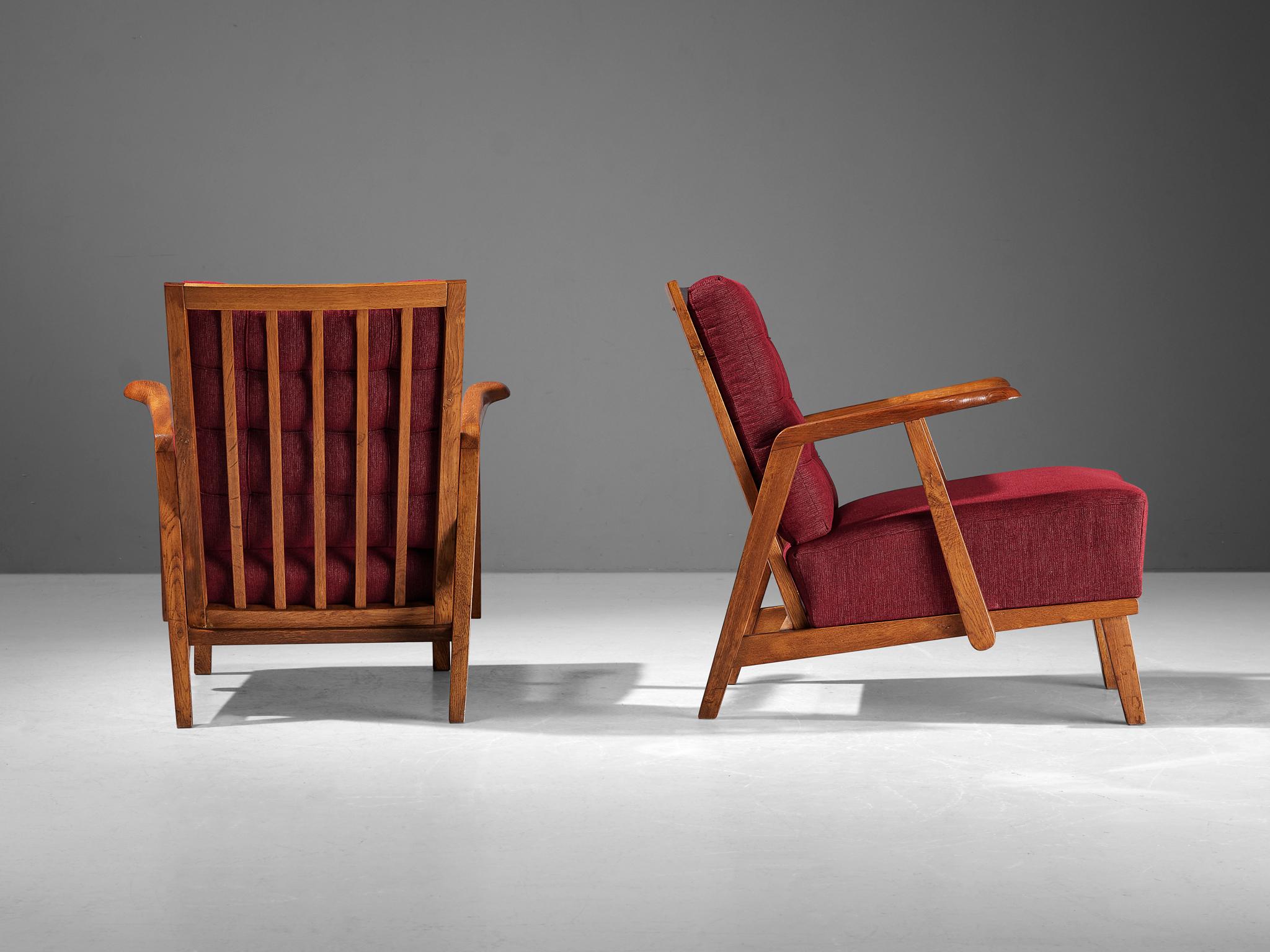 Czech Pair of Lounge Chairs in Oak With Slatted Backs in Red Upholstery  For Sale