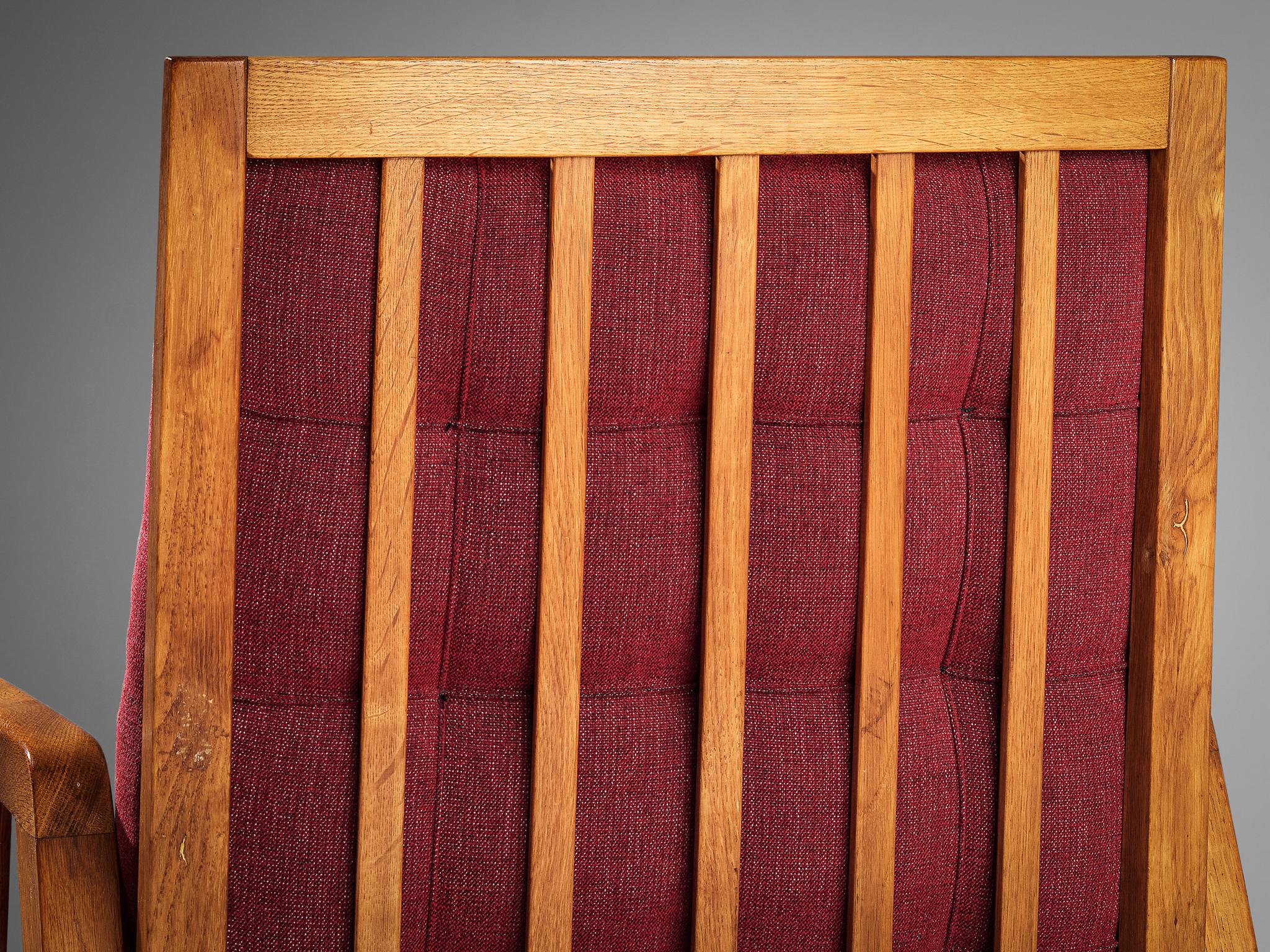 Fabric Pair of Lounge Chairs in Oak With Slatted Backs in Red Upholstery 