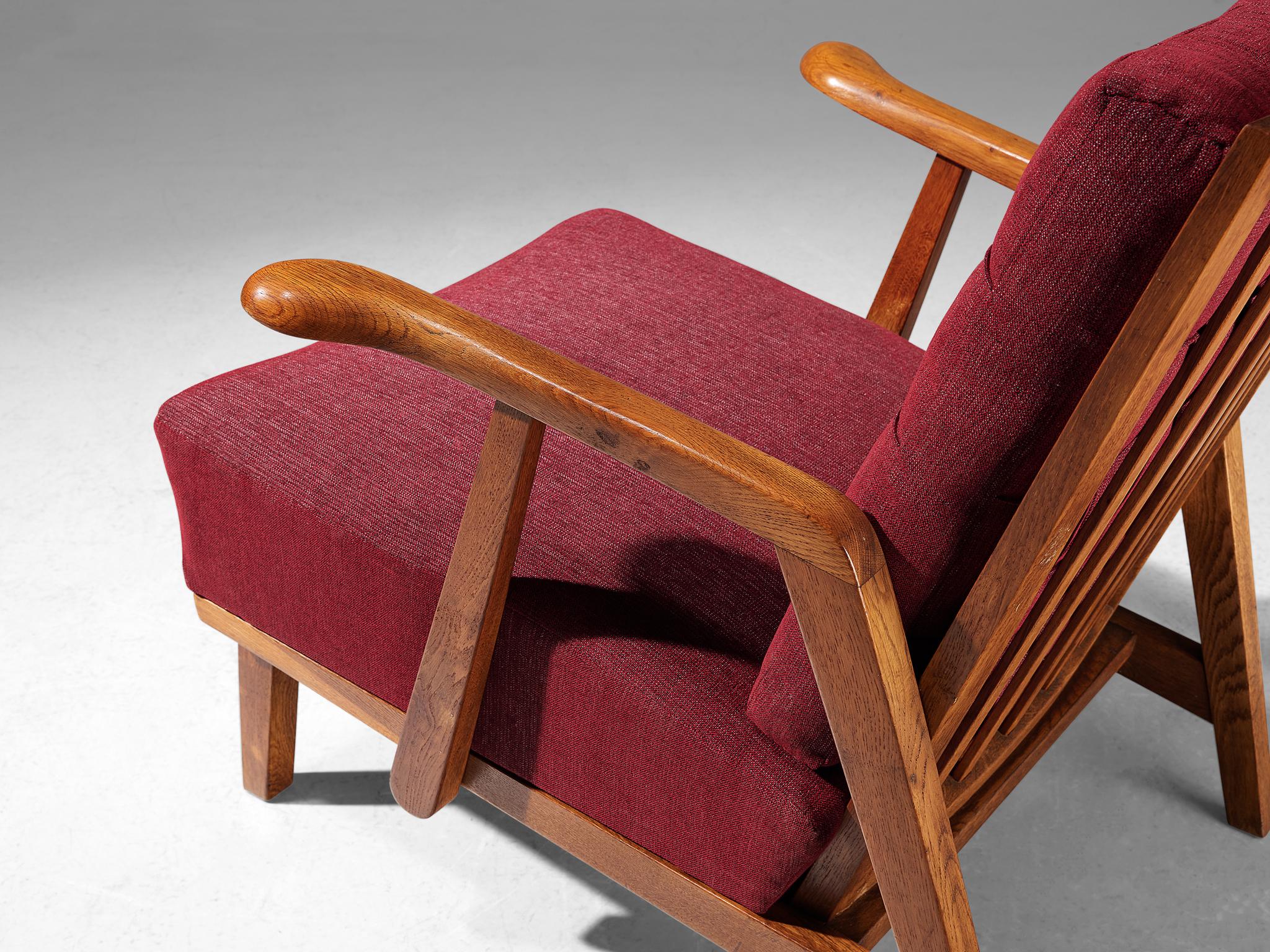 Fabric Pair of Lounge Chairs in Oak With Slatted Backs in Red Upholstery  For Sale