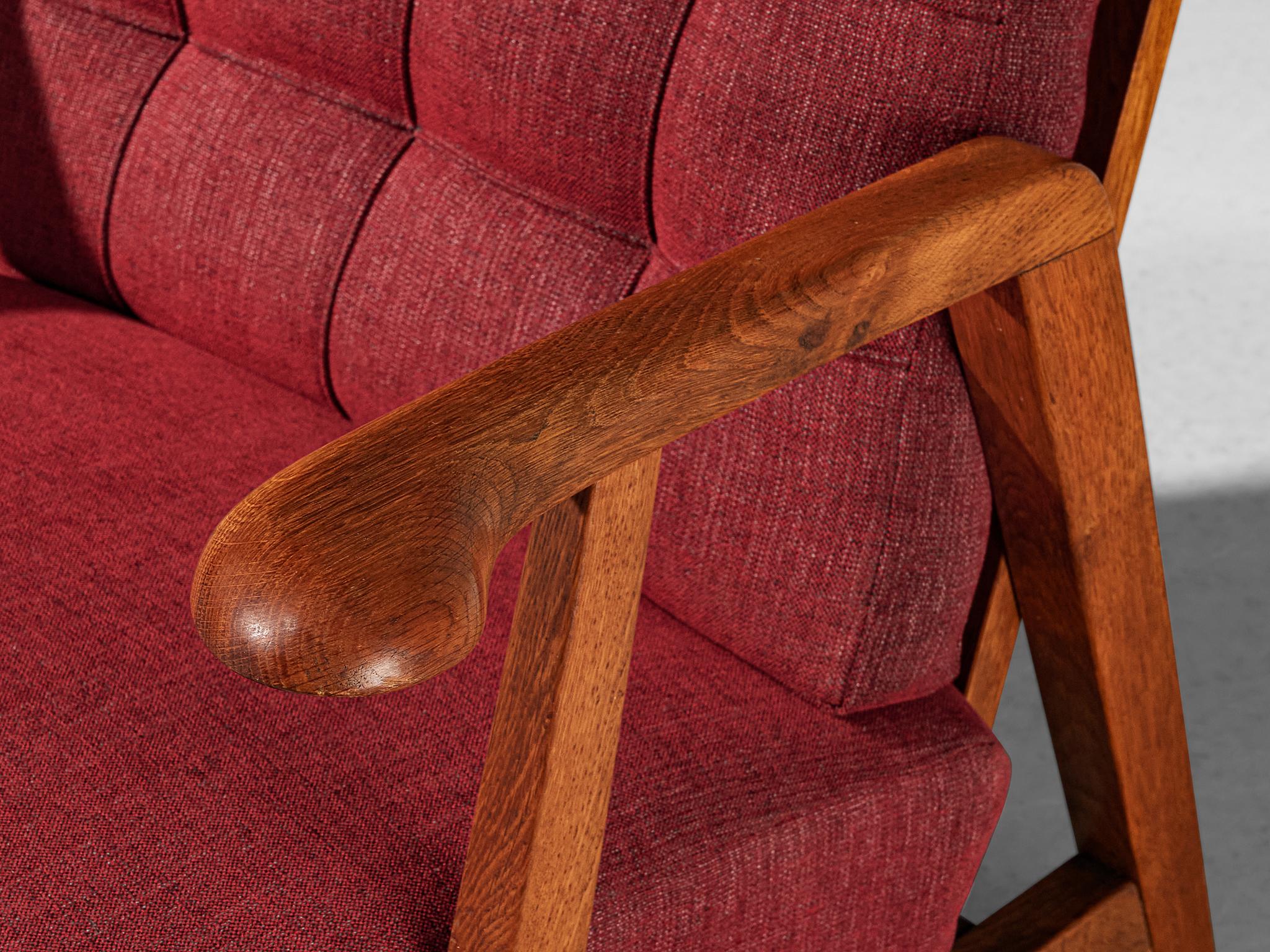 Pair of Lounge Chairs in Oak With Slatted Backs in Red Upholstery  2