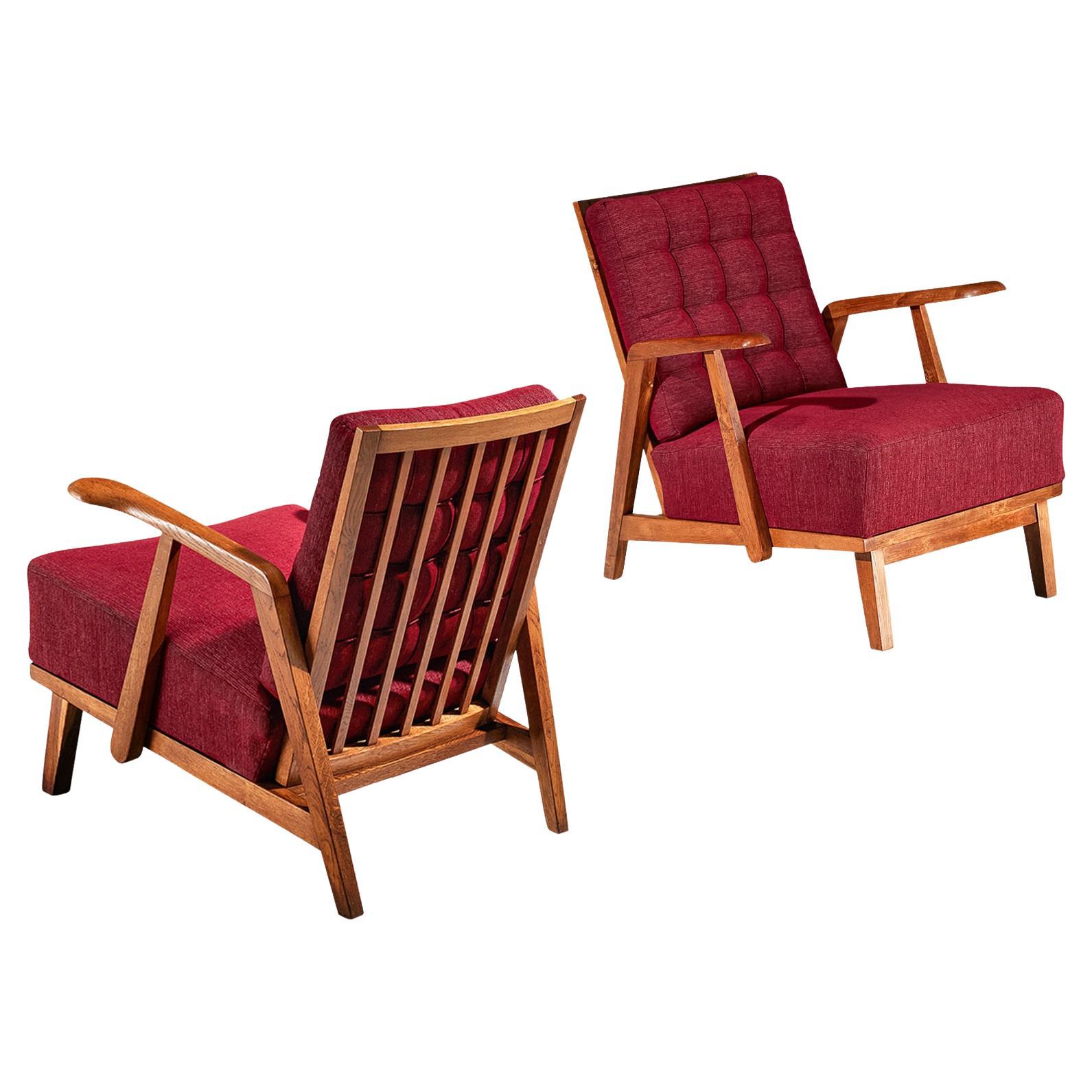 Pair of Lounge Chairs in Oak With Slatted Backs in Red Upholstery 