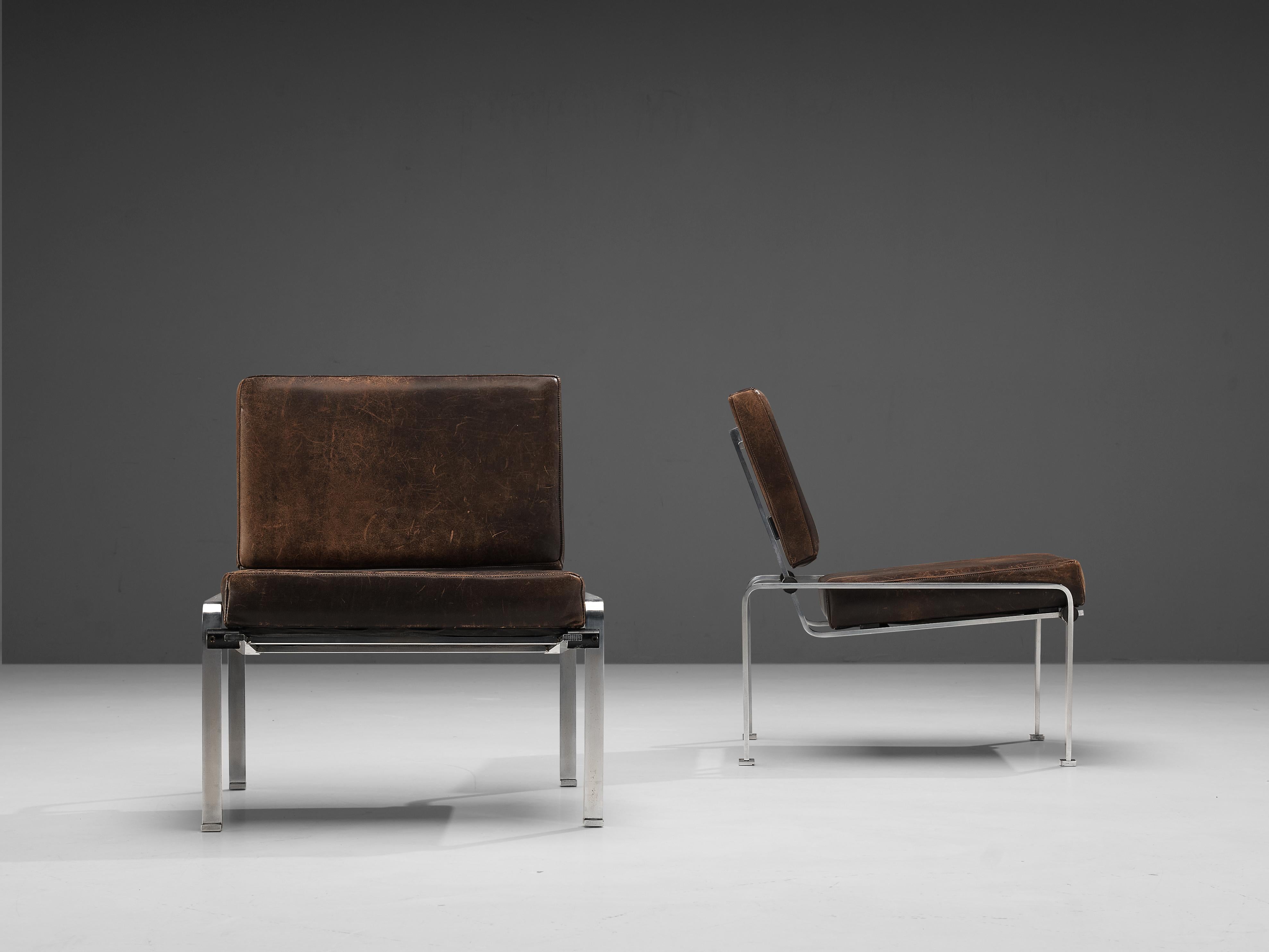 European Pair of Lounge Chairs in Patinated Brown Leather and Chromed Frame