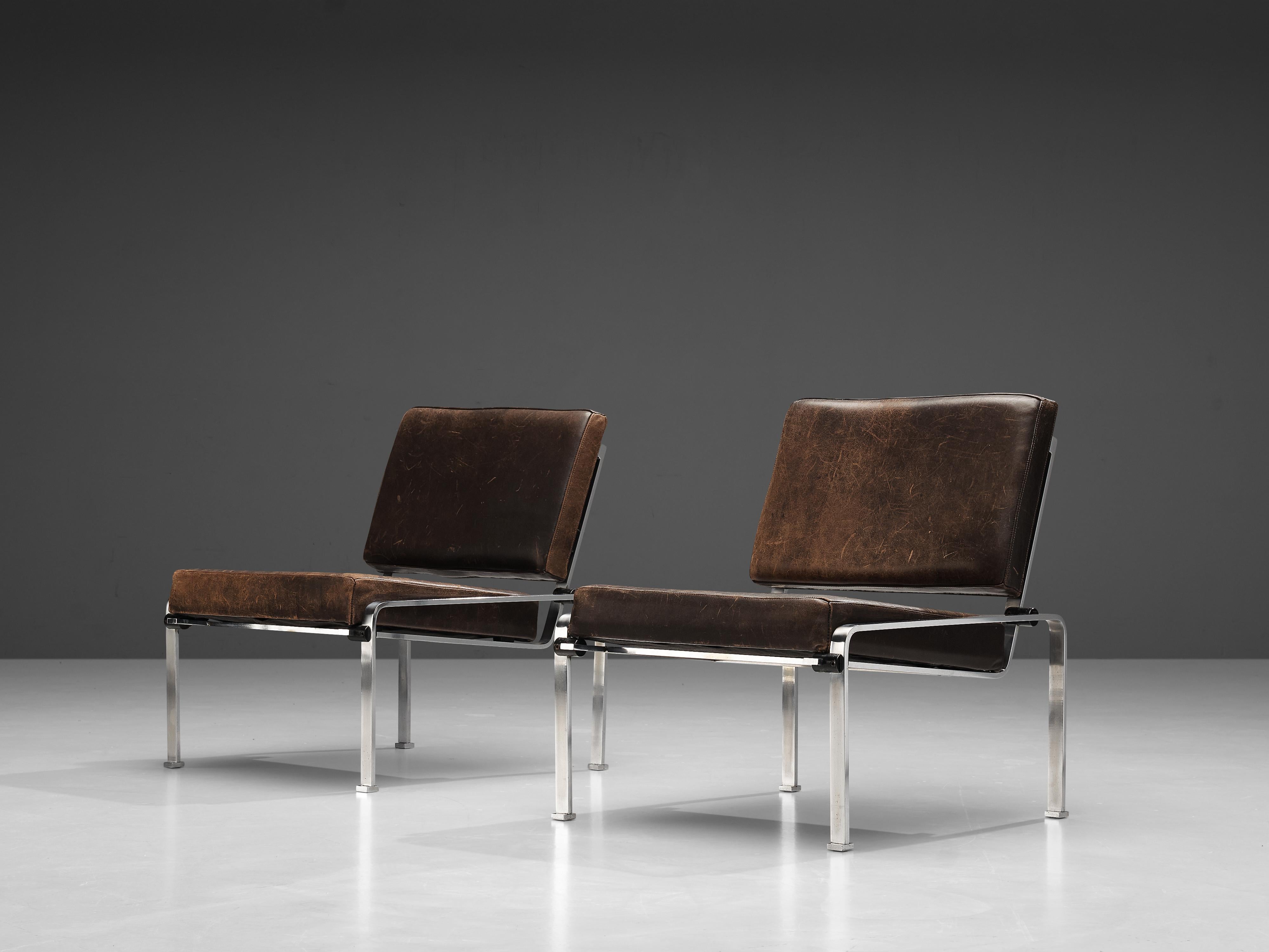 Pair of Lounge Chairs in Patinated Brown Leather and Chromed Frame In Good Condition In Waalwijk, NL