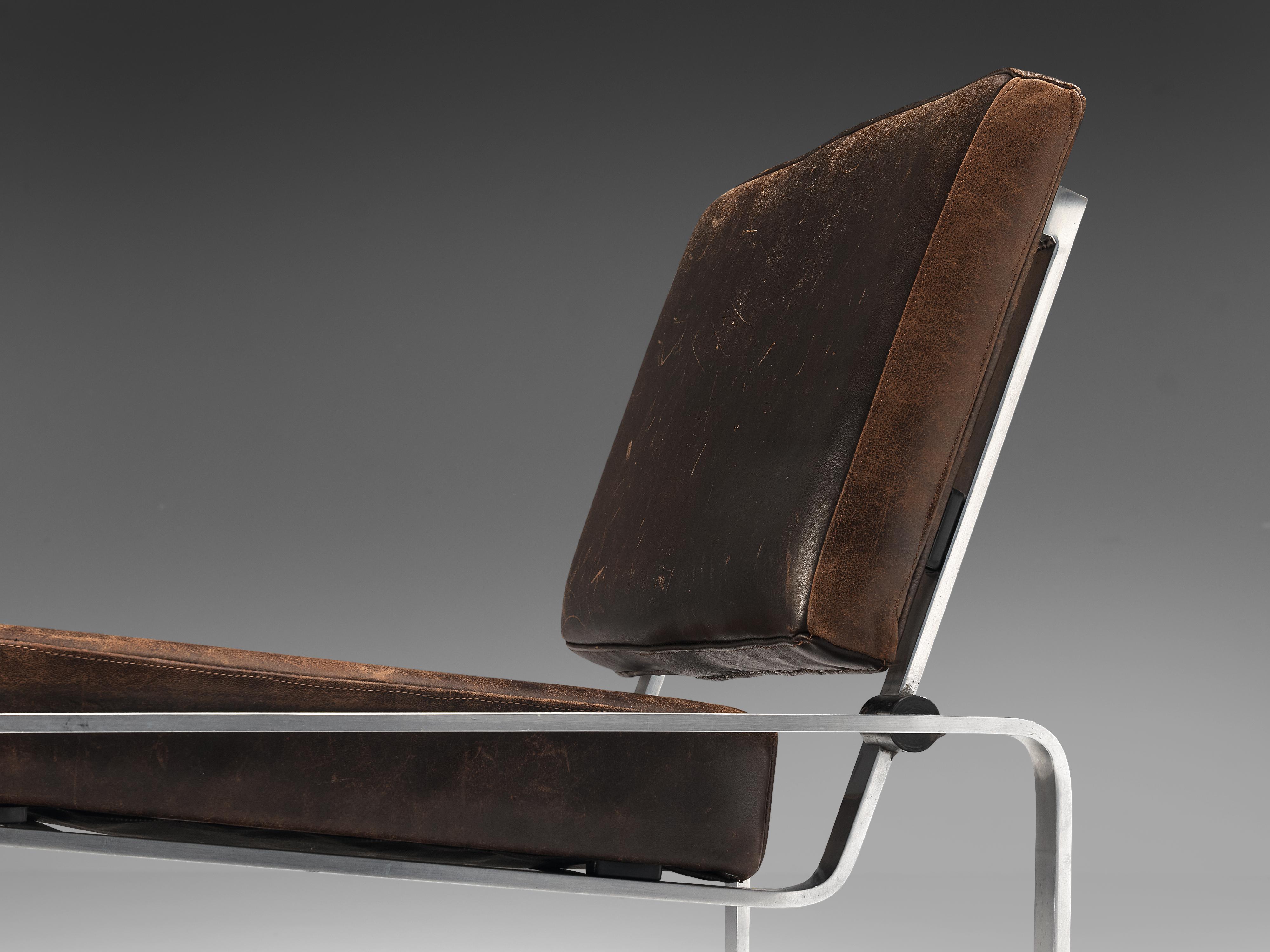 Mid-20th Century Pair of Lounge Chairs in Patinated Brown Leather and Chromed Frame