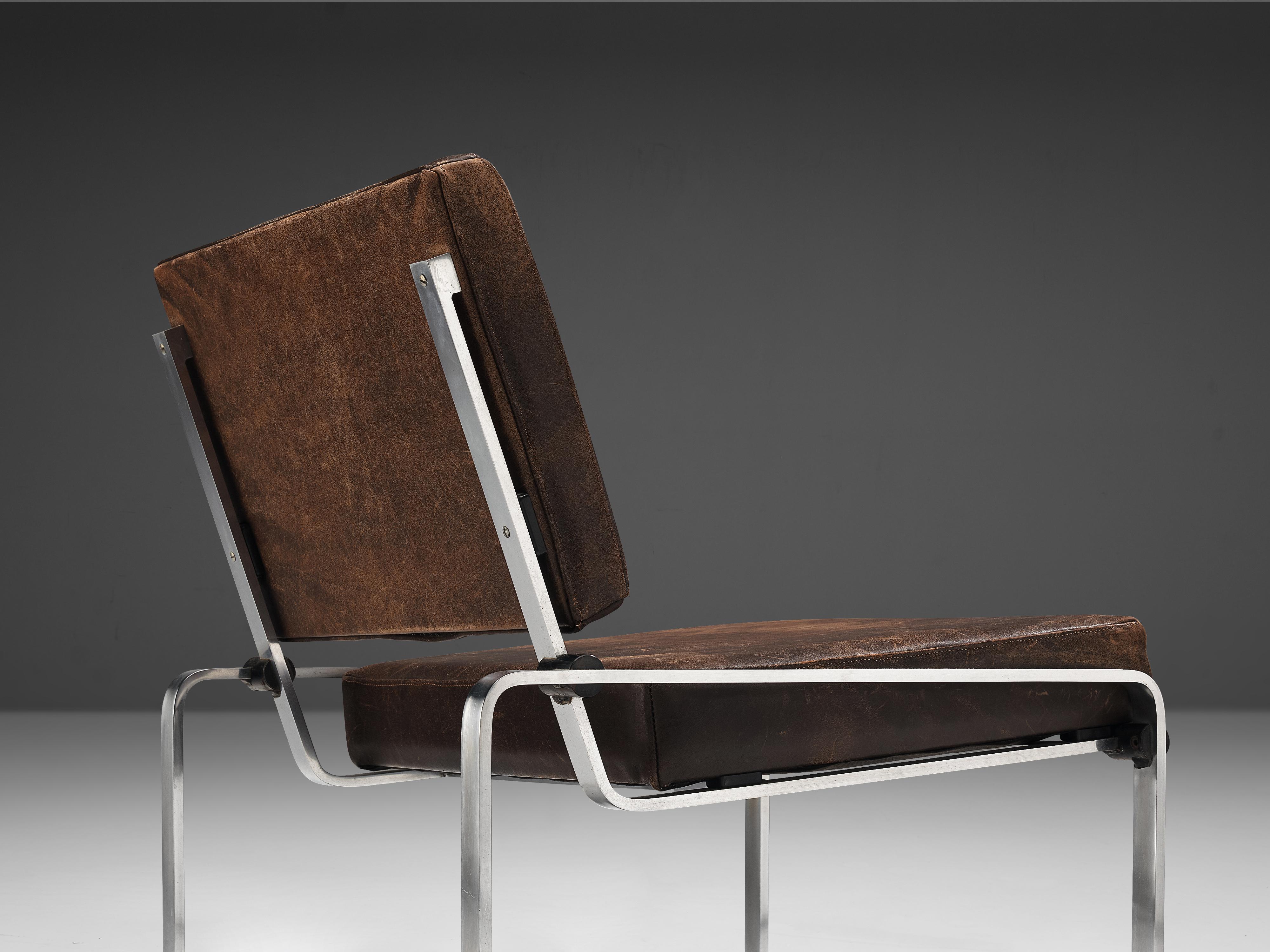 Pair of Lounge Chairs in Patinated Brown Leather and Chromed Frame 1