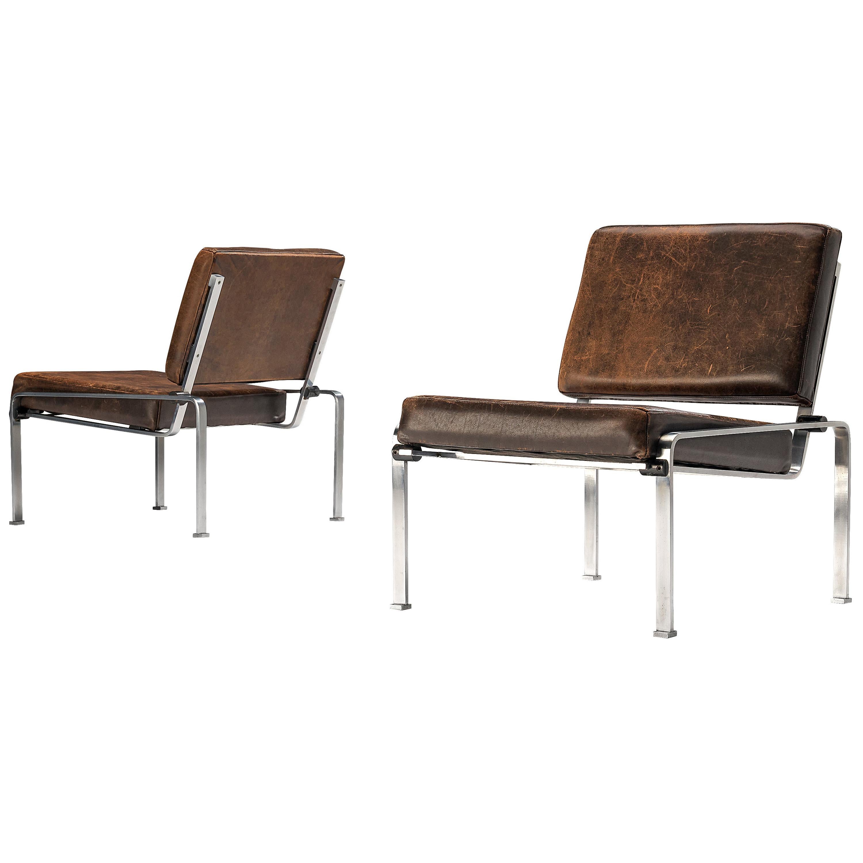 Pair of Lounge Chairs in Patinated Brown Leather and Chromed Frame