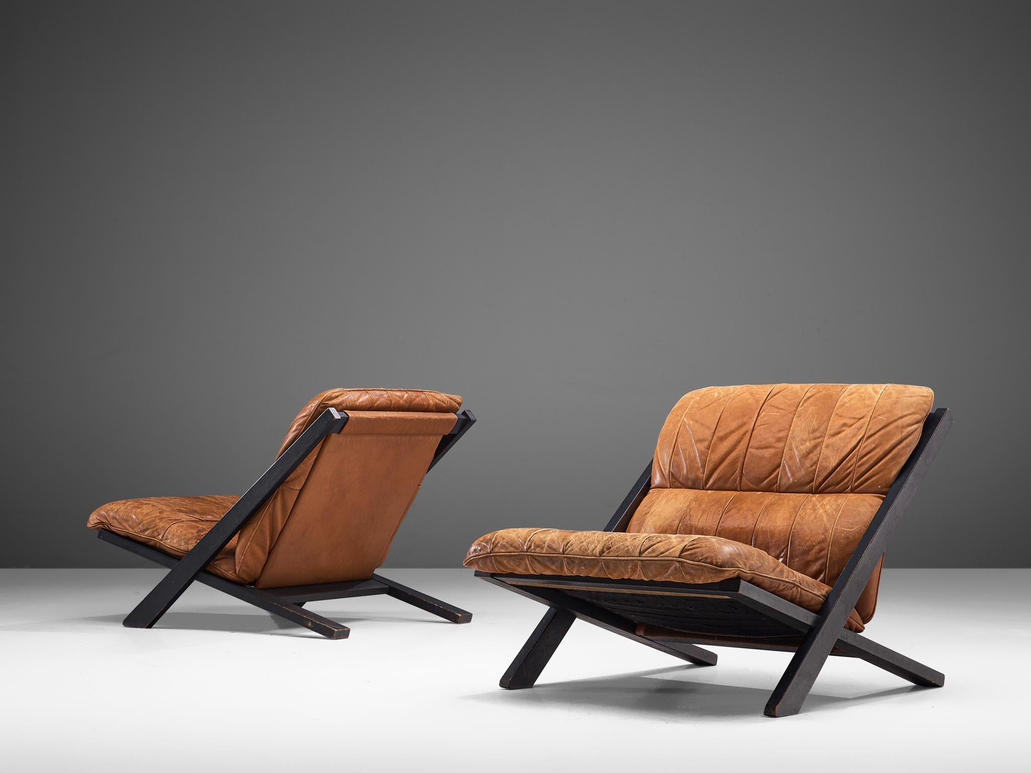 Mid-Century Modern Pair of Lounge Chairs in Patinated Cognac Leather for De Sede