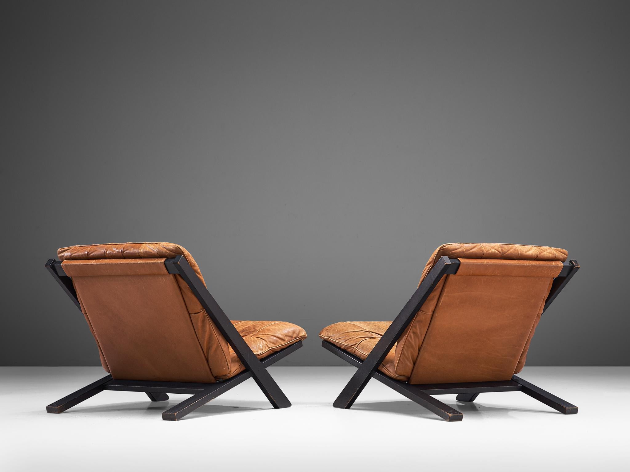 Swiss Pair of Lounge Chairs in Patinated Cognac Leather for De Sede
