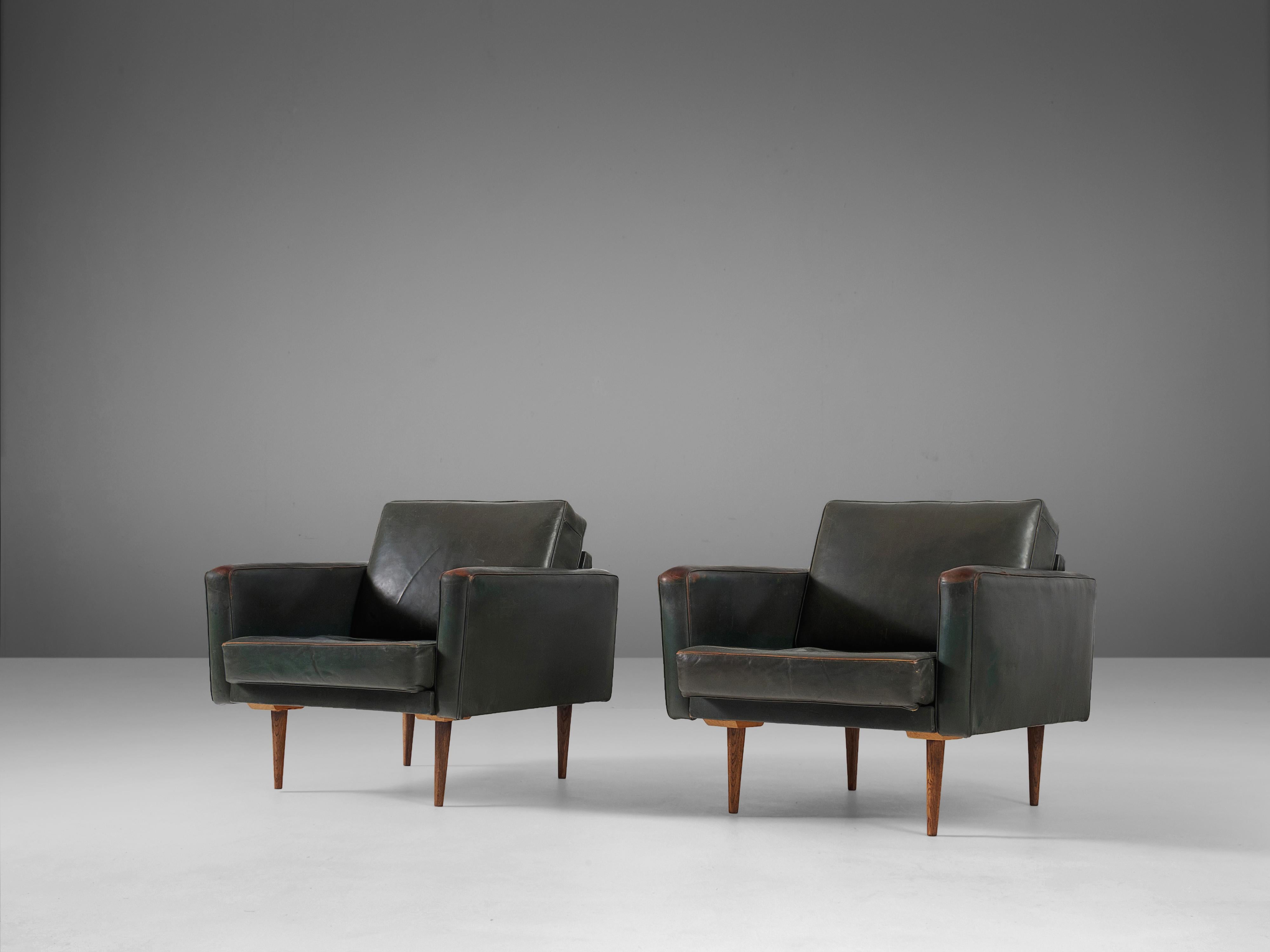 Italian Pair of Lounge Chairs in Patinated Dark Green Leather