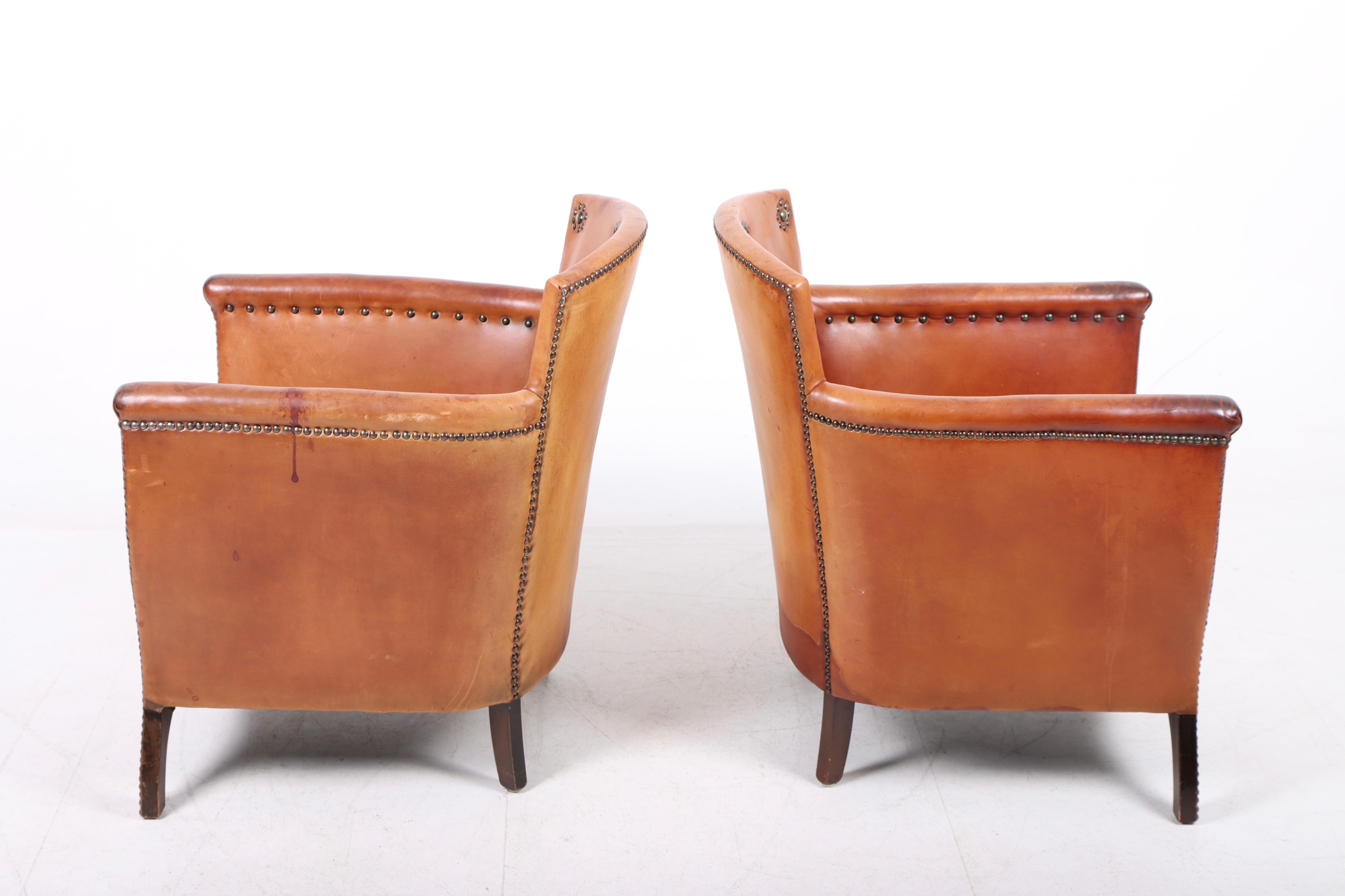 Brass Pair of Lounge Chairs in Patinated Leather and Fabric, Designed by Otto Schulz