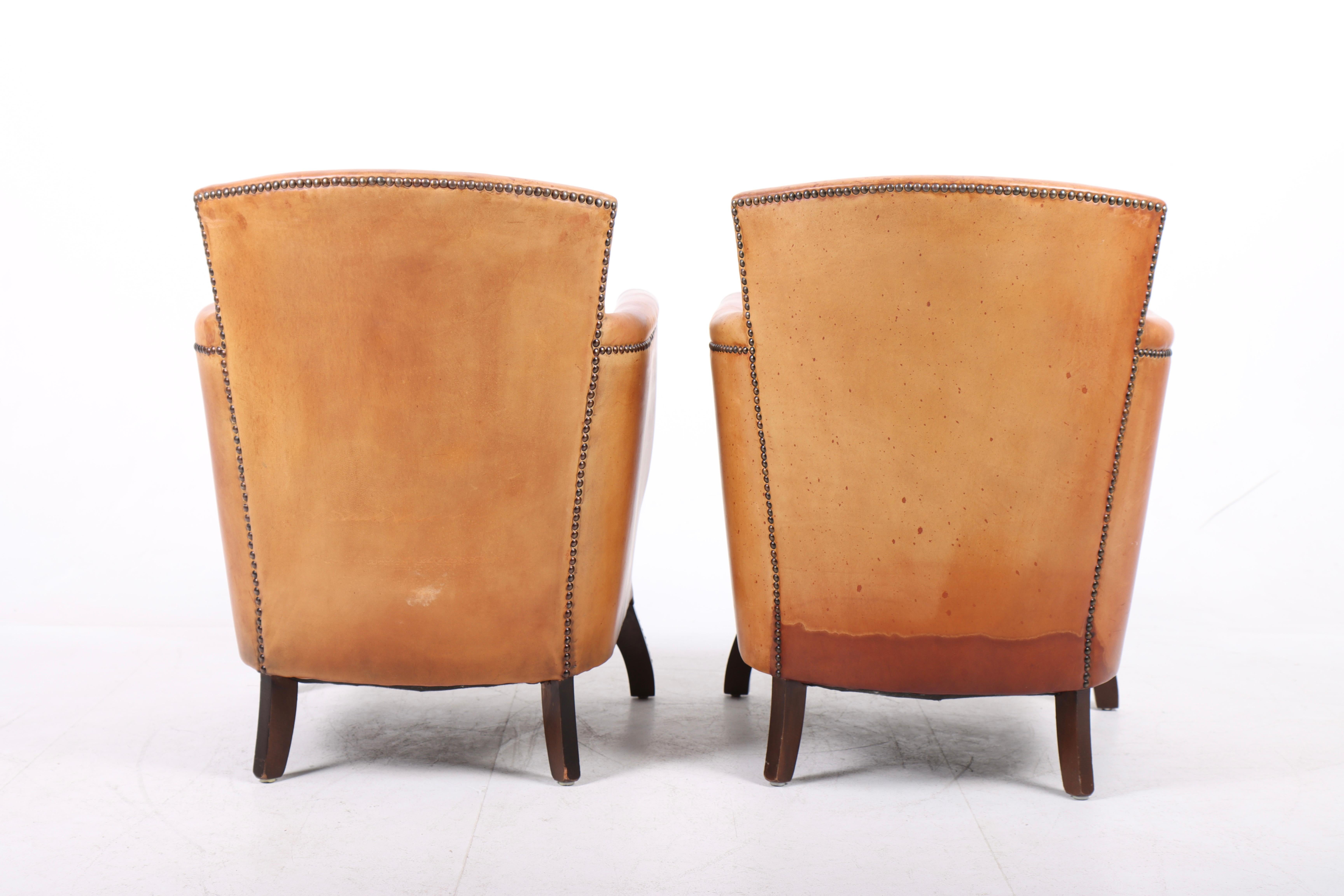 Pair of Lounge Chairs in Patinated Leather and Fabric, Designed by Otto Schulz 1
