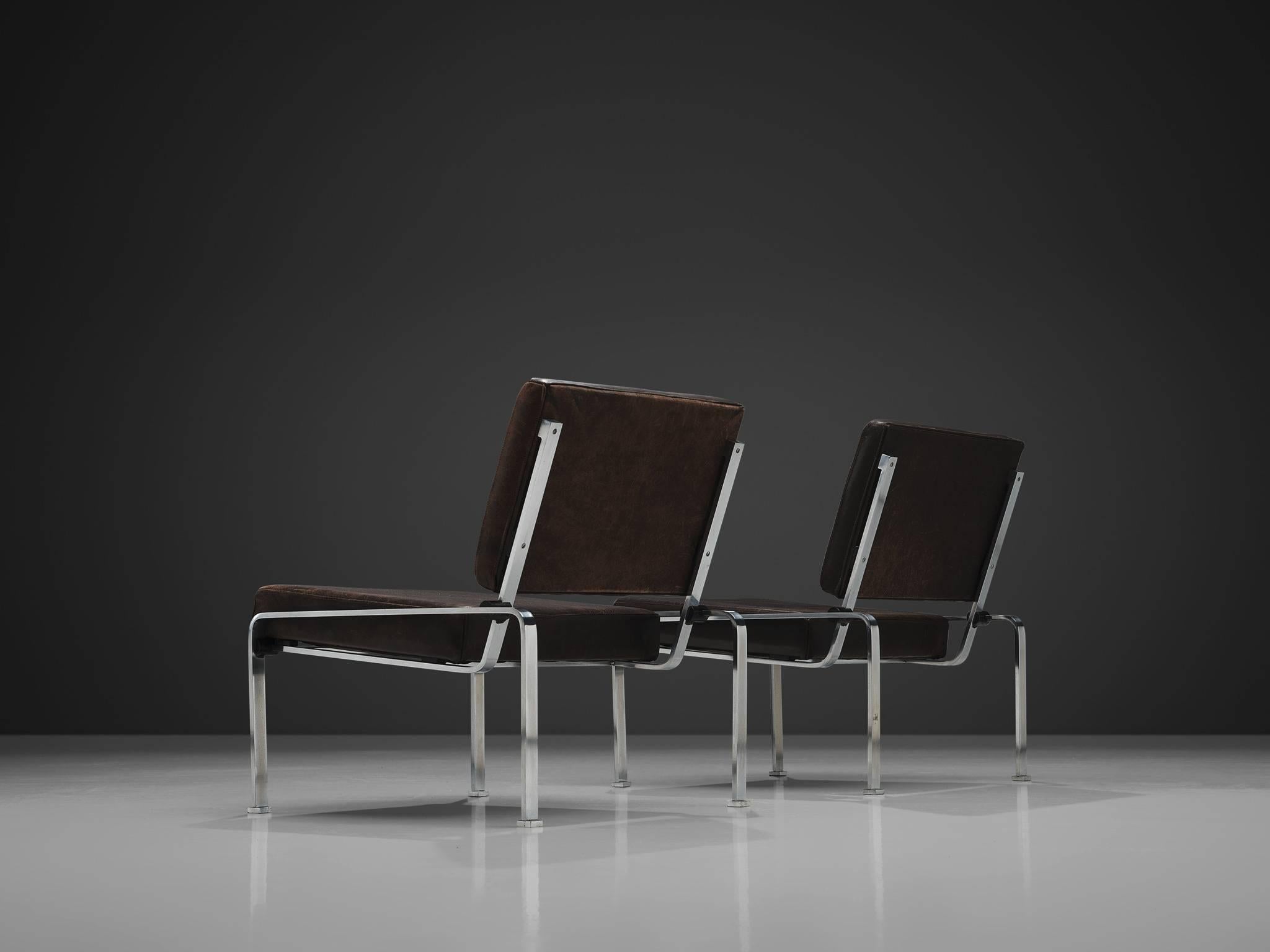 European Pair of Lounge Chairs in Patinated Leather and Steel Frame
