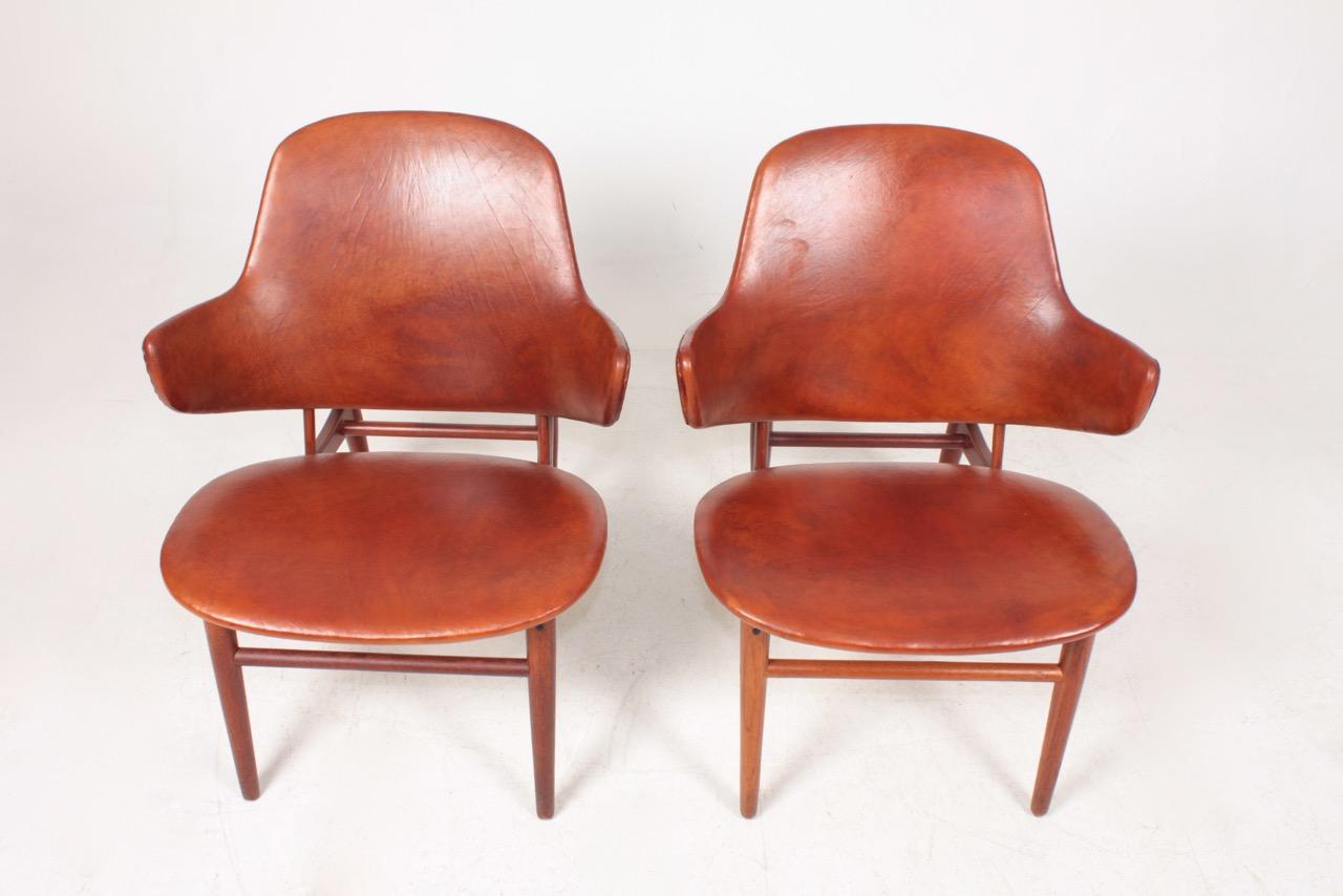 Teak Pair of Lounge Chairs in Patinated Leather by Ib Kofod Larsen, 1950s