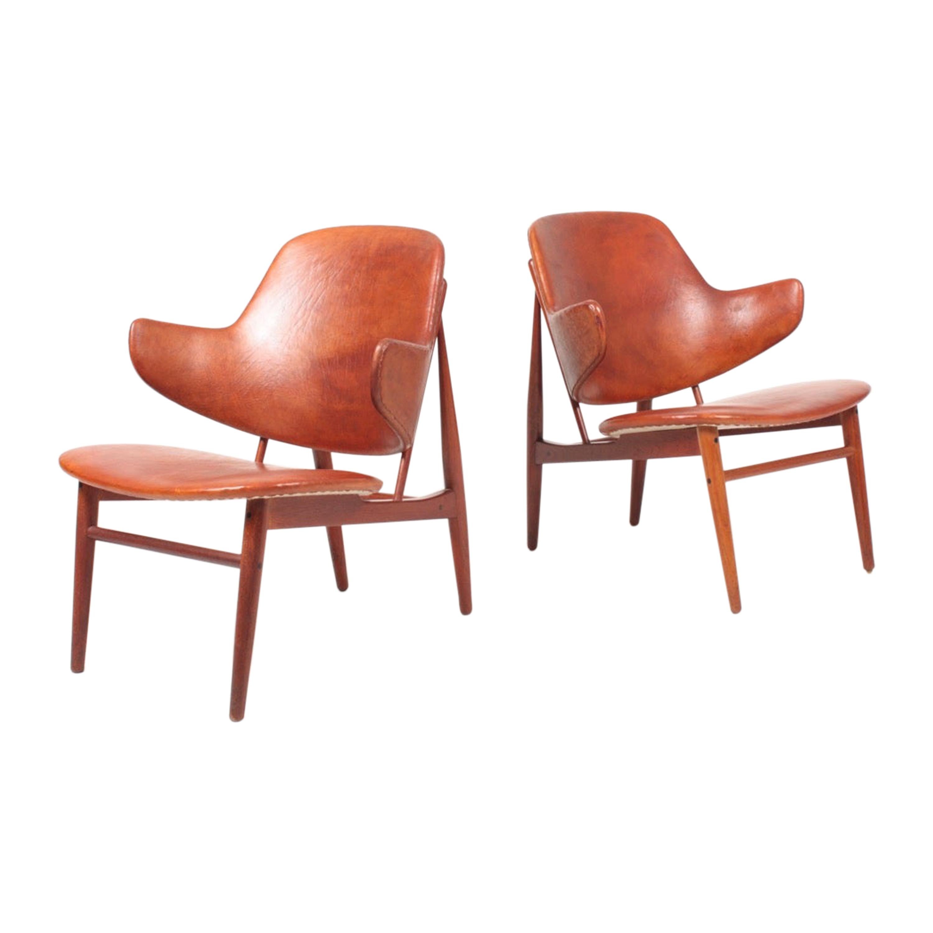 Pair of Lounge Chairs in Patinated Leather by Ib Kofod Larsen, 1950s