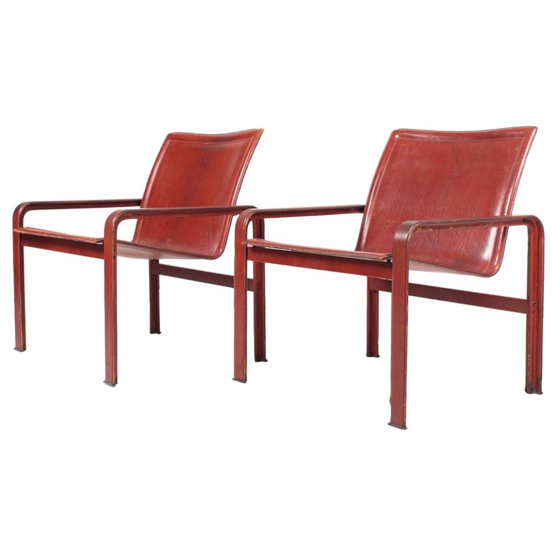 Pair of Lounge Chairs in Patinated Leather by Matteo Grassi, 1970s