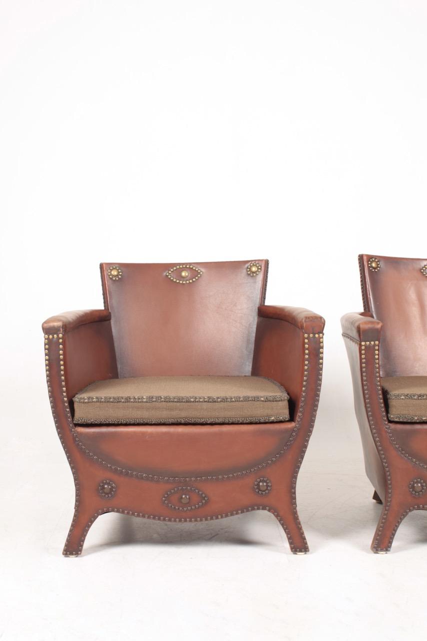 Pair of Lounge Chairs in Patinated Leather Designed by Otto Schulz In Good Condition In Lejre, DK
