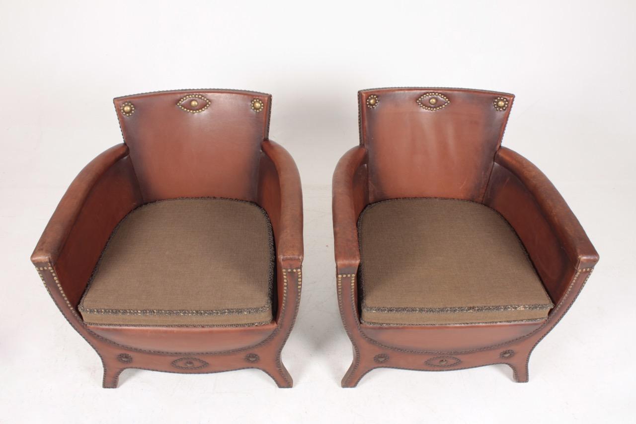 Brass Pair of Lounge Chairs in Patinated Leather Designed by Otto Schulz