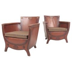 Pair of Lounge Chairs in Patinated Leather Designed by Otto Schulz