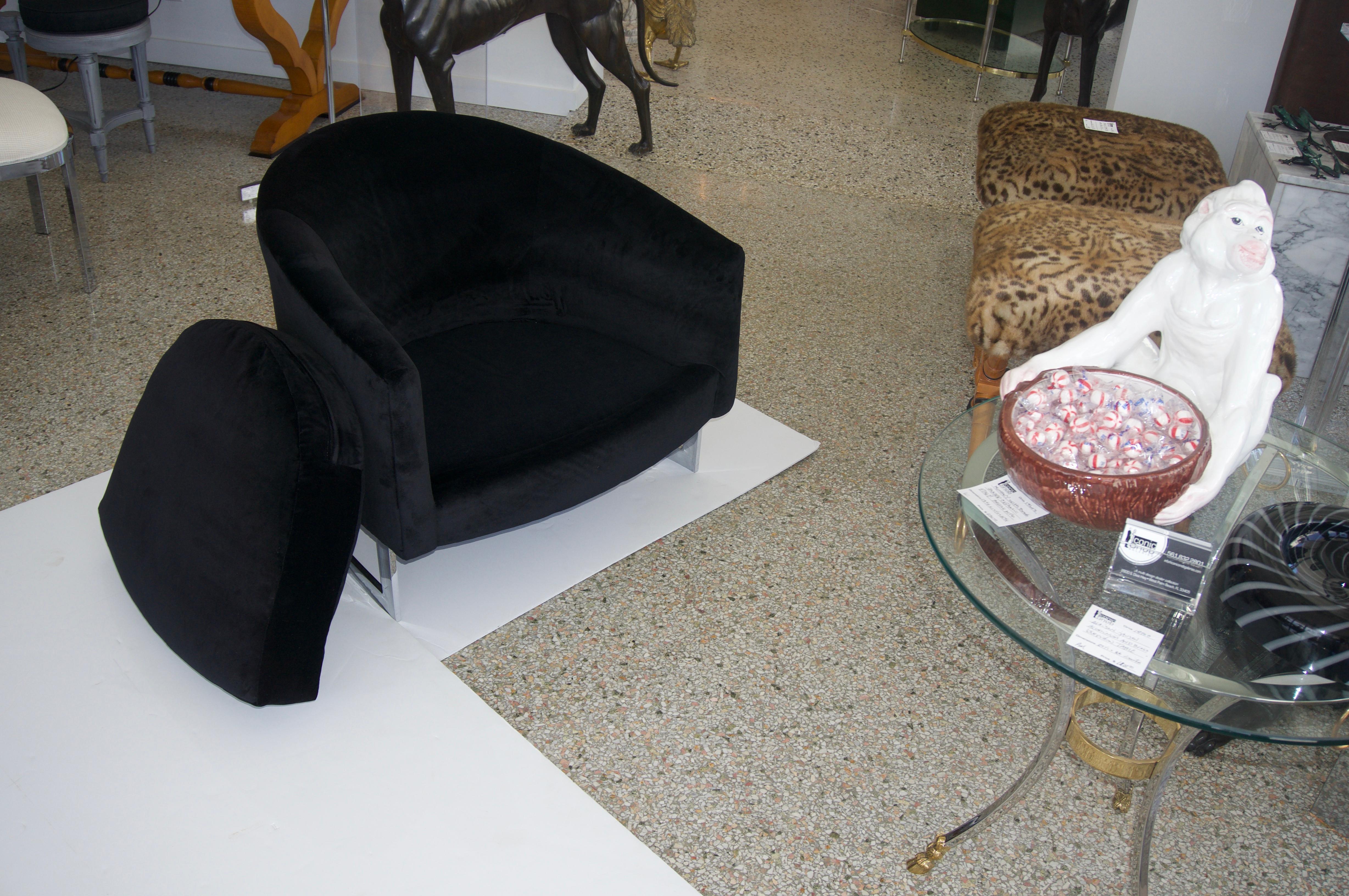 Pair of Lounge Chairs in Polished Chrome and Black Velvet 3