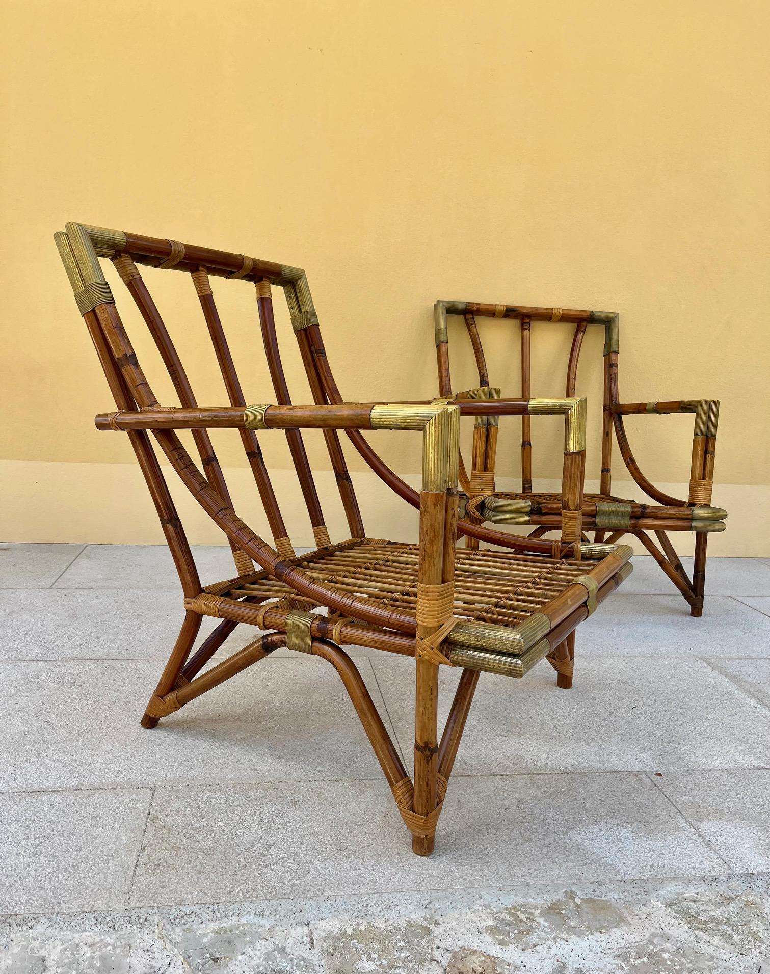 Pair of  Lounge Chairs in Rattan and Brass, by Maison et Jardin, 1950's  For Sale 8