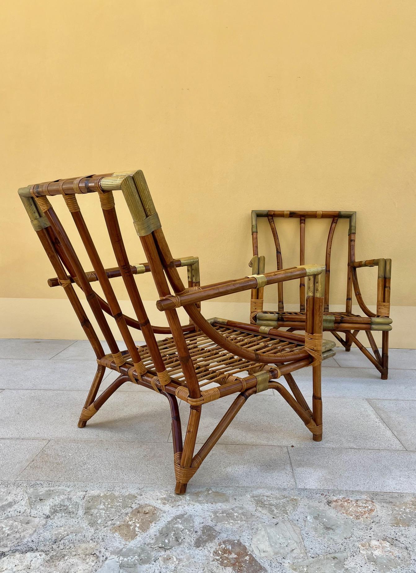 Pair of  Lounge Chairs in Rattan and Brass, by Maison et Jardin, 1950's  For Sale 9