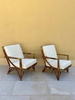 Pair of Lounge Chairs in Rattan and Brass, by Maison et Jardin, 1950's